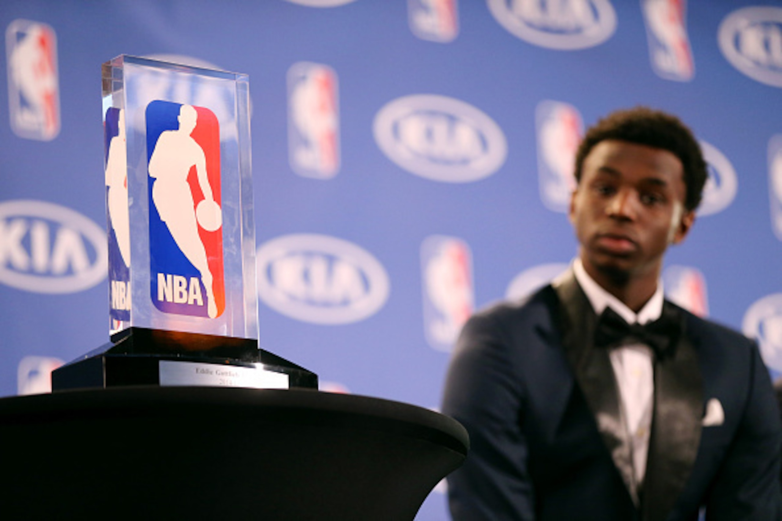MINNEAPOLIS, MN - APRIL 30: A close up of the 2014- 2015 Kia NBA Rookie of the Year Award on April 30, 2015 at Target Center in Minneapolis, Minnesota.  NOTE TO USER: User expressly acknowledges and agrees that, by downloading and or using this Photograph