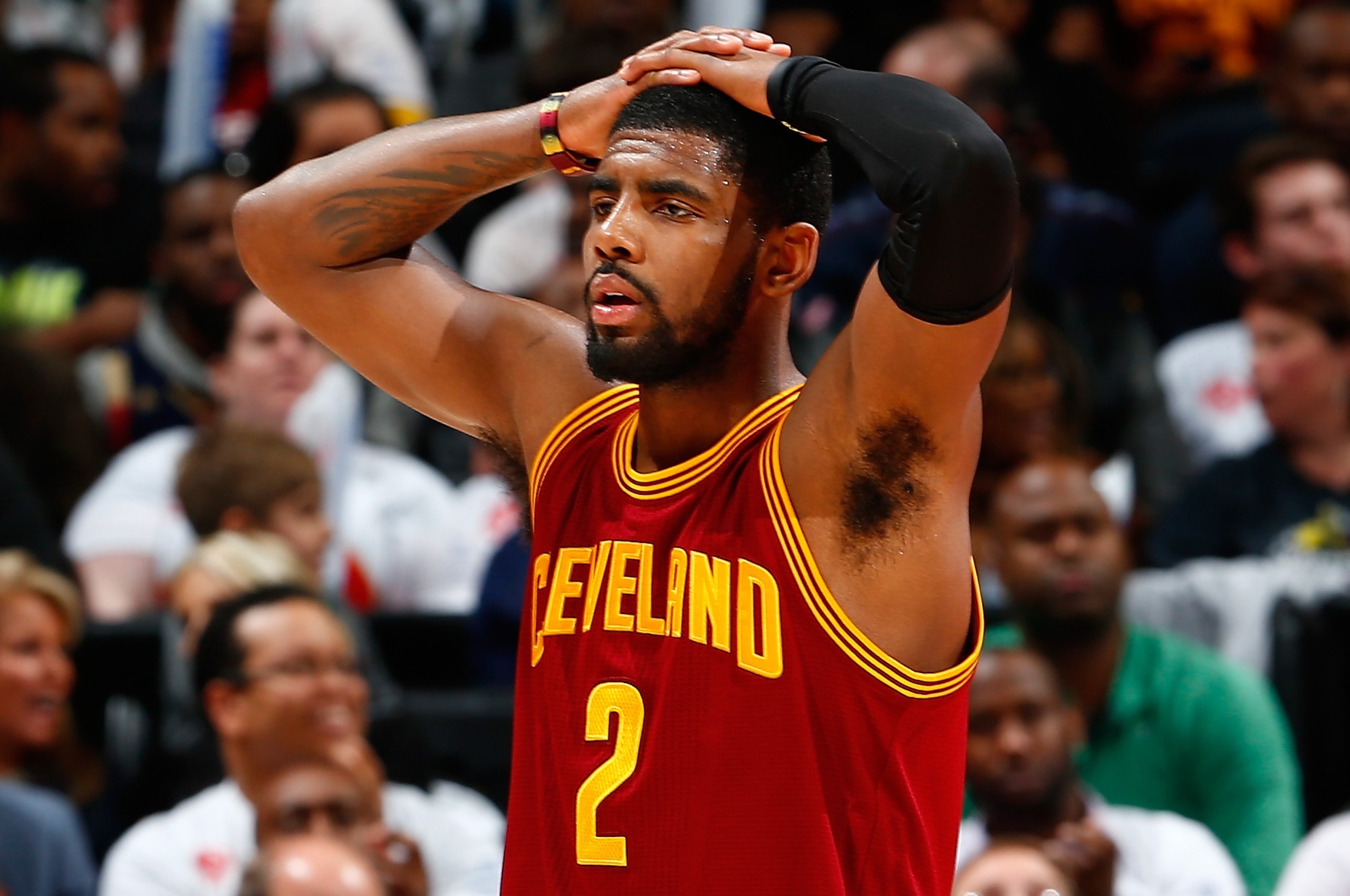 ATLANTA, GA - MARCH 06: Kyrie Irving #2 of the Cleveland Cavaliers reacts after a foul was called on J.R. Smith #5 during the game against the Atlanta Hawks at Philips Arena on March 6, 2015 in Atlanta, Georgia. NOTE TO USER: User expressly acknowledges ATLANTA, GA - MARCH 06: Kyrie Irving #2 of the Cleveland Cavaliers reacts after a foul was called on J.R. Smith #5 during the game against the Atlanta Hawks at Philips Arena on March 6, 2015 in Atlanta, Georgia. NOTE TO USER: User expressly acknowledges