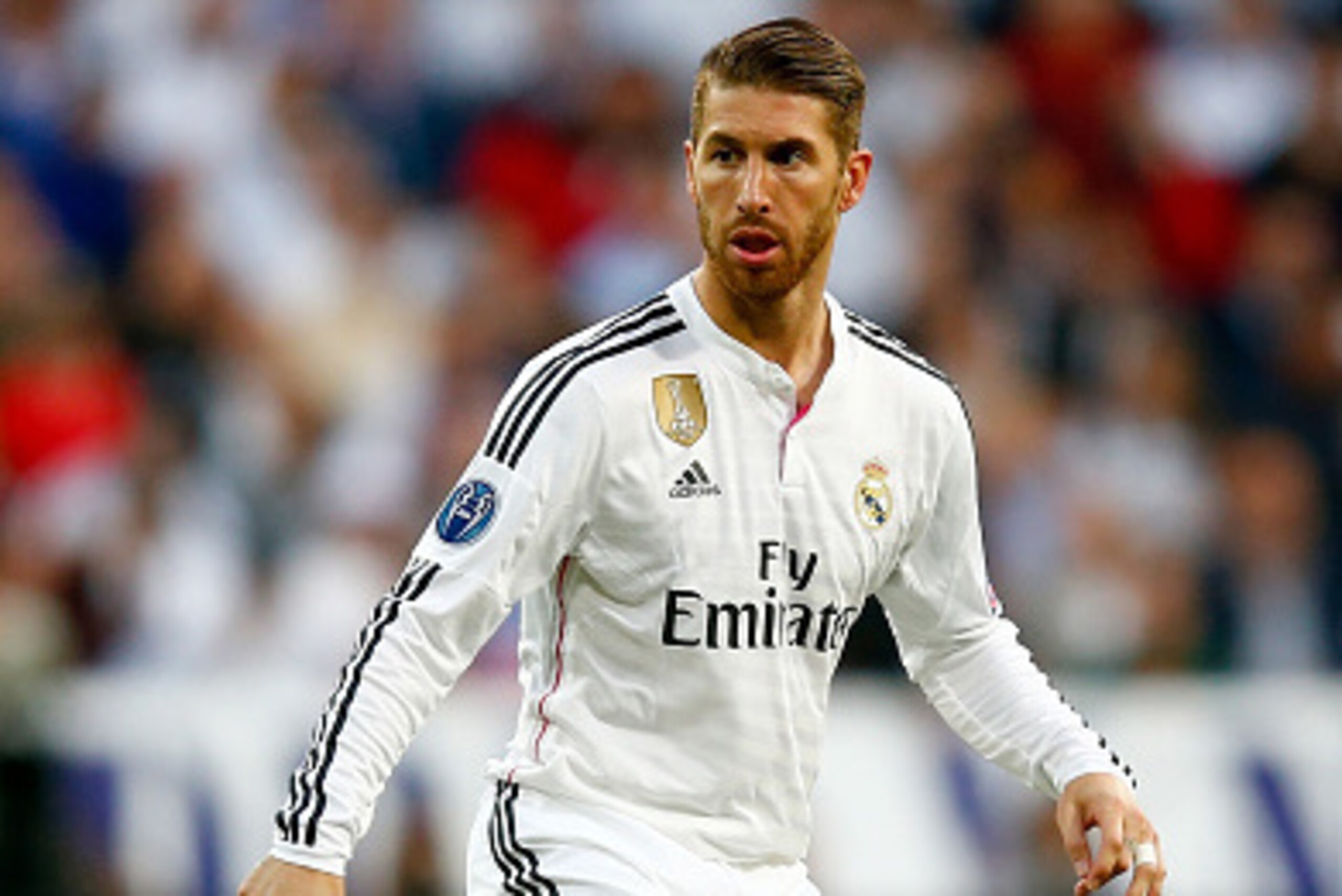 MADRID, SPAIN - APRIL 22:  Sergio Ramos of Real Madrid CF in action during the UEFA Champions League quarter-final second leg match between Real Madrid CF and Club Atletico de Madrid at Bernabeu on April 22, 2015 in Madrid, Spain  (Photo by Clive Rose/Get