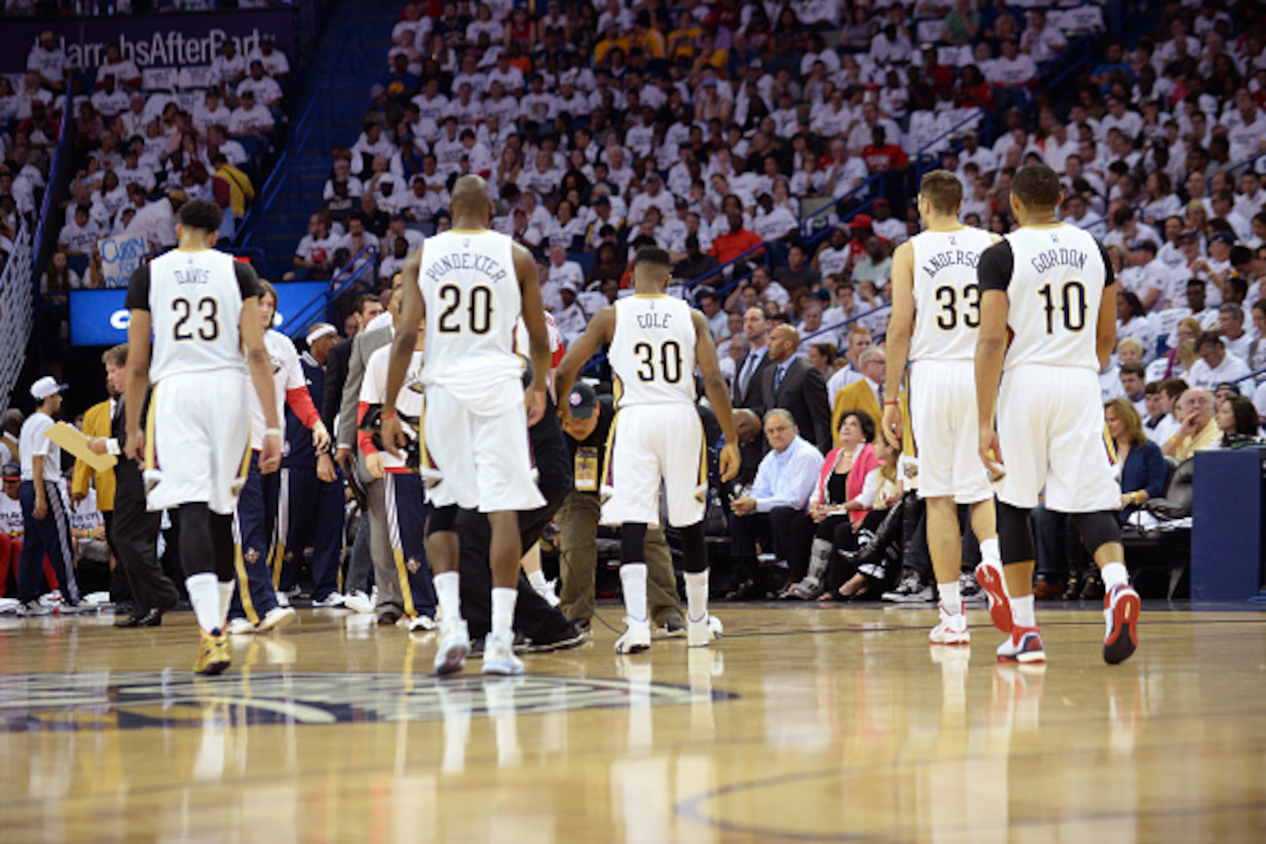 NEW ORLEANS, LA - APRIL 25: Anthony Davis #23, Quincy Pondexter #20, Norris Cole #30, Ryan Anderson #33 and Eric Gordon #10 of the New Orleans Pelicans walk off the court against the Golden State Warriors in Game Four of the Western Conference Quarterfin NEW ORLEANS, LA - APRIL 25: Anthony Davis #23, Quincy Pondexter #20, Norris Cole #30, Ryan Anderson #33 and Eric Gordon #10 of the New Orleans Pelicans walk off the court against the Golden State Warriors in Game Four of the Western Conference Quarterfin
