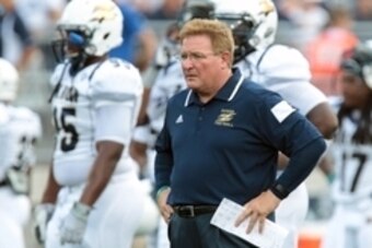 Sep 6, 2014; University Park, PA, USA; Akron Zips head coach Terry Bowden looks on from the field prior to the game against the Penn State Nittany Lions at Beaver Stadium. Mandatory Credit: Matthew O'Haren-USA TODAY Sports
