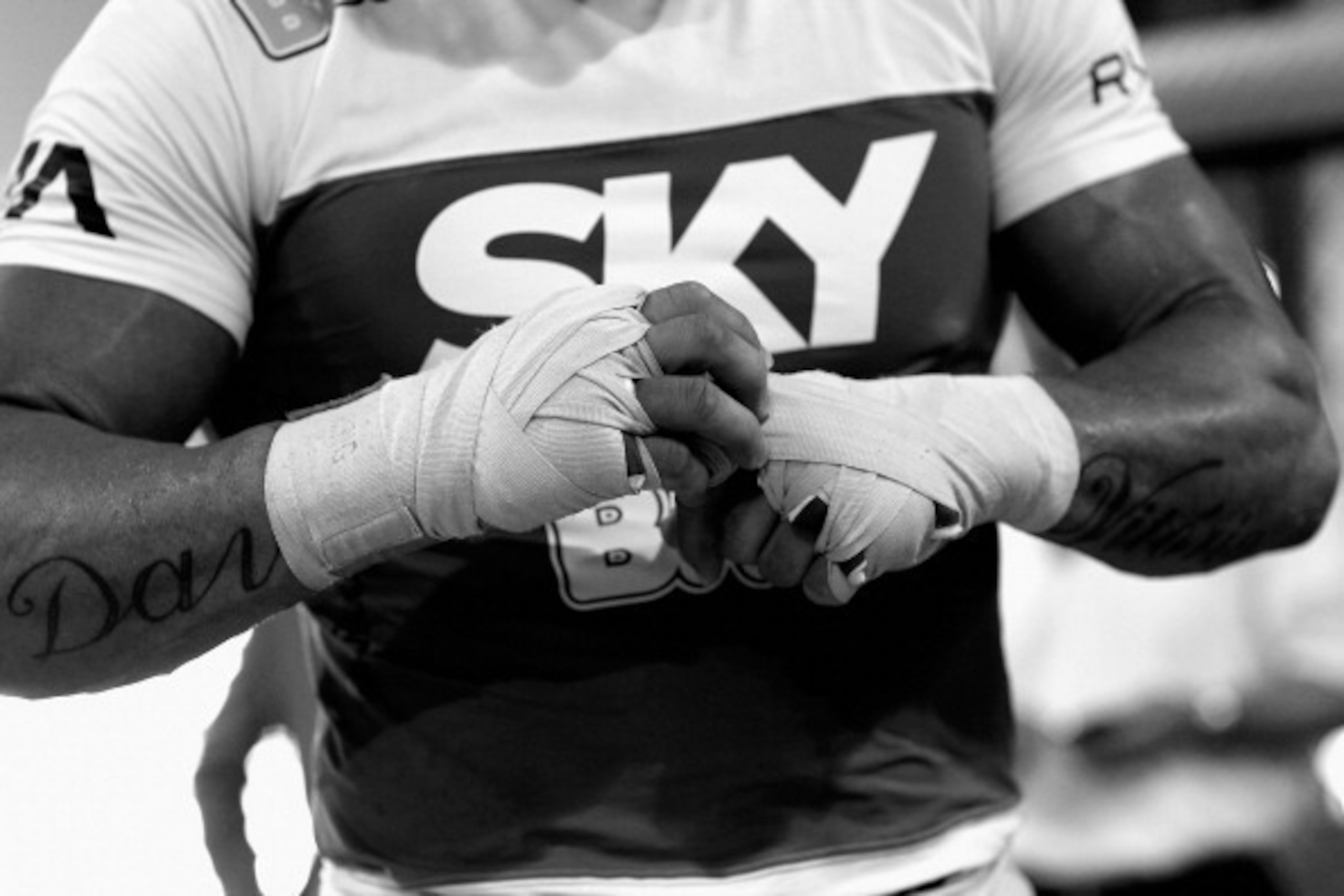 DELRAY BEACH, FL - SEPTEMBER 17:  (EDITORS NOTE: Image has been converted to black and white.) Vitor Belfort tapes his hands prior to a workout at the Jaco Hybrid Training Center on September 17, 2012 in Delray Beach, Florida. Belfort will fight Jon Jones