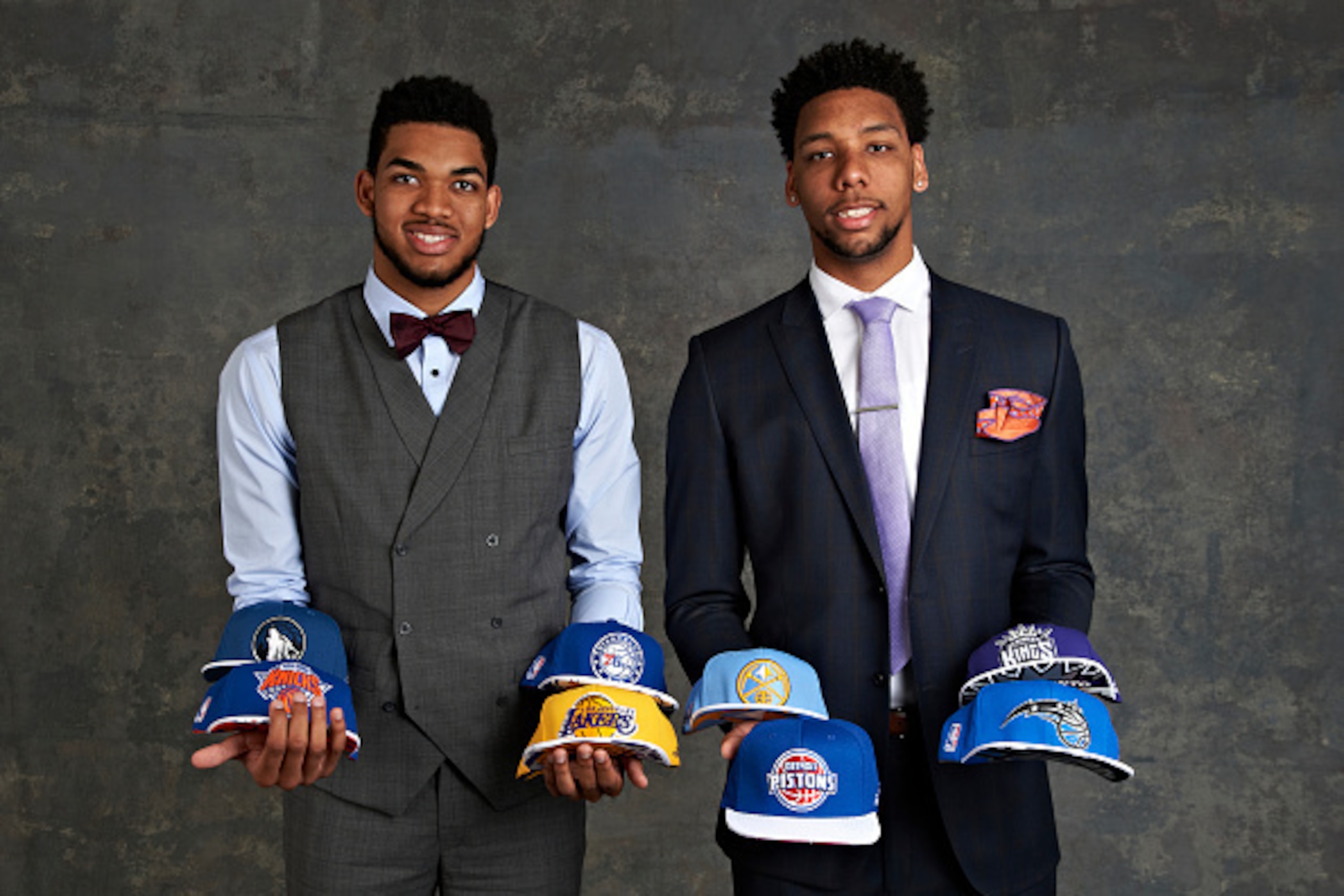 NEW YORK - MAY 19: Draft Prospects Karl Anthony Towns and Jahlil Okafor poses for some portraits prior to the 2015 NBA Draft Lottery on May 19, 2015 at the NBA Headquarters in New York City.  NOTE TO USER: User expressly acknowledges and agrees that, by d