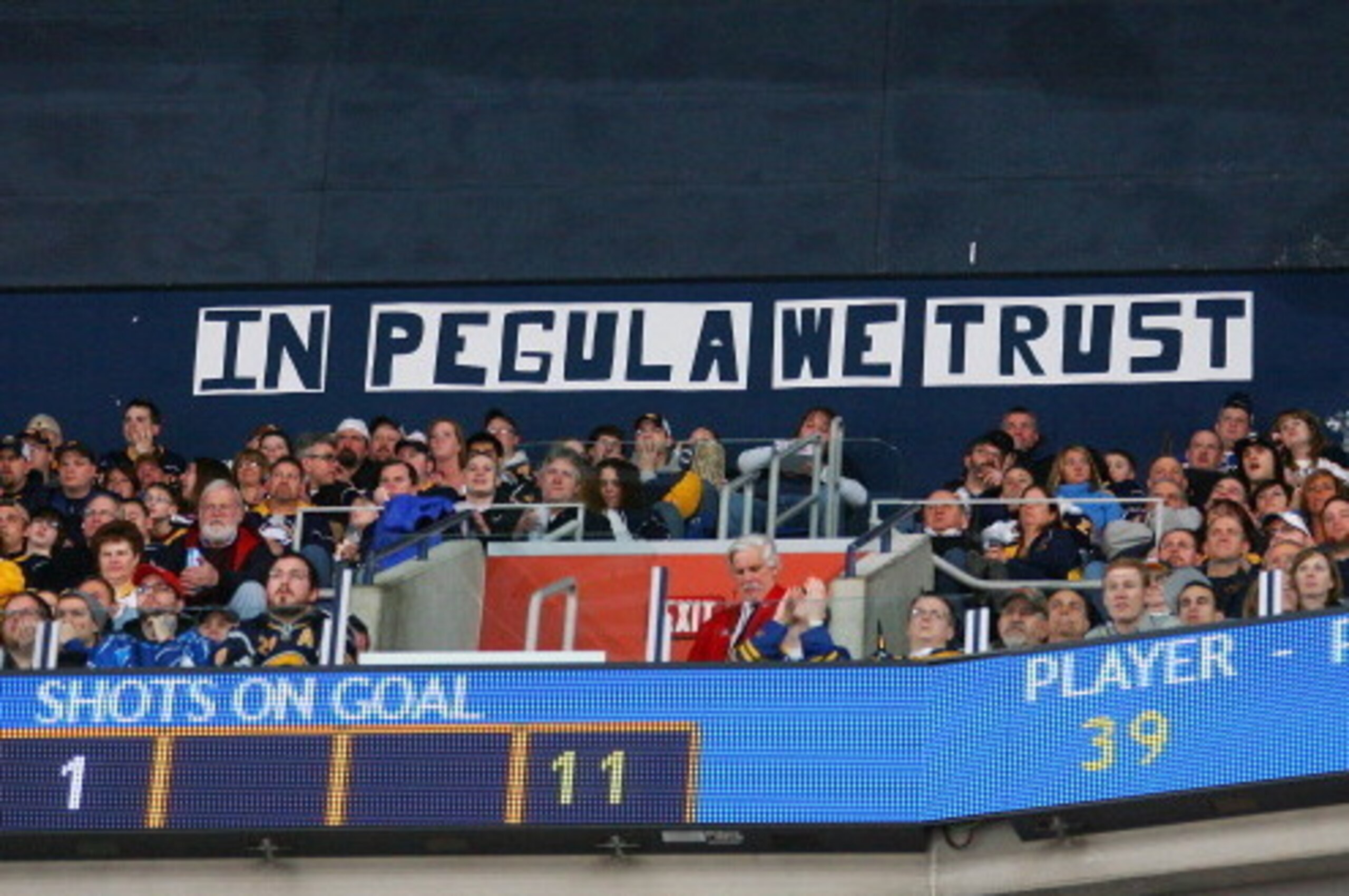 BUFFALO, NY - FEBRUARY 23:  A sign atop the arena welcomes new owner Terry Pegula of the Buffalo Sabres during their game against the Atlanta Thrashers at HSBC Arena on February 23, 2011 in Buffalo, New York.  (Photo by Bill Wippert/NHLI via Getty Images)