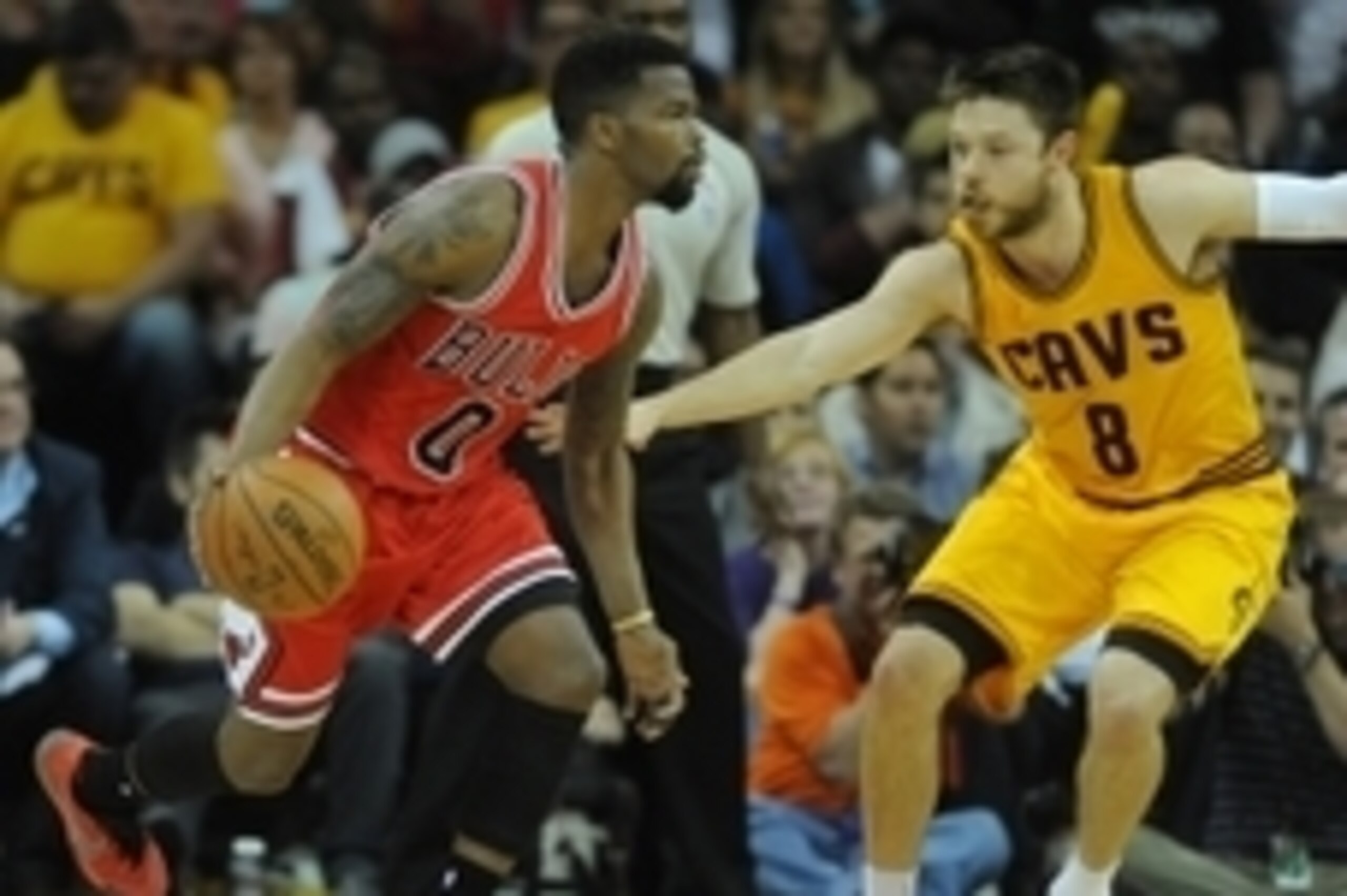 May 6, 2015; Cleveland, OH, USA; Chicago Bulls guard Aaron Brooks (0) and Cleveland Cavaliers guard Matthew Dellavedova (8) in game two of the second round of the NBA Playoffs at Quicken Loans Arena. The Cavs won 106-91. Mandatory Credit: Ken Blaze-USA TO May 6, 2015; Cleveland, OH, USA; Chicago Bulls guard Aaron Brooks (0) and Cleveland Cavaliers guard Matthew Dellavedova (8) in game two of the second round of the NBA Playoffs at Quicken Loans Arena. The Cavs won 106-91. Mandatory Credit: Ken Blaze-USA TO