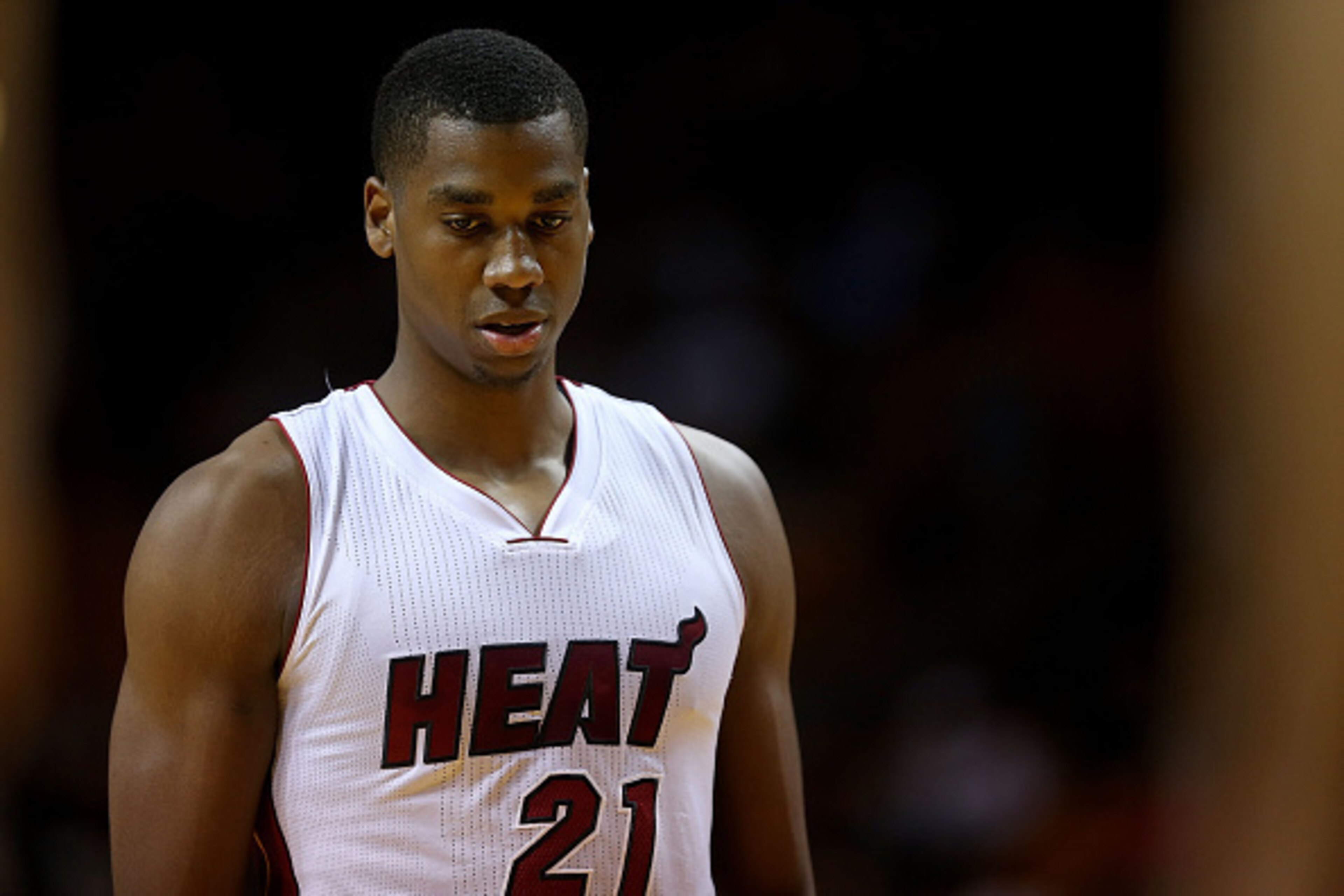 MIAMI, FL - APRIL 13:  Hassan Whiteside #21 of the Miami Heat looks on during a game against the Orlando Magic at American Airlines Arena on April 13, 2015 in Miami, Florida. NOTE TO USER: User expressly acknowledges and agrees that, by downloading and/or