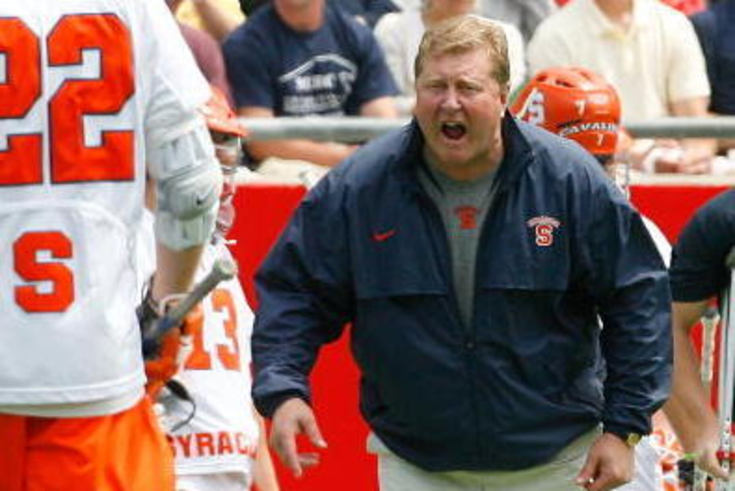 FOXBOROUGH, MA - MAY 23:  Coach John Desko of the Syracuse University Orange yells instructions to Dan Hardy #22 against the Duke University Blue Devils during the semifinal round of NCAA Division I Lacrosse Championship at Gillette Stadium May 23, 2009 i