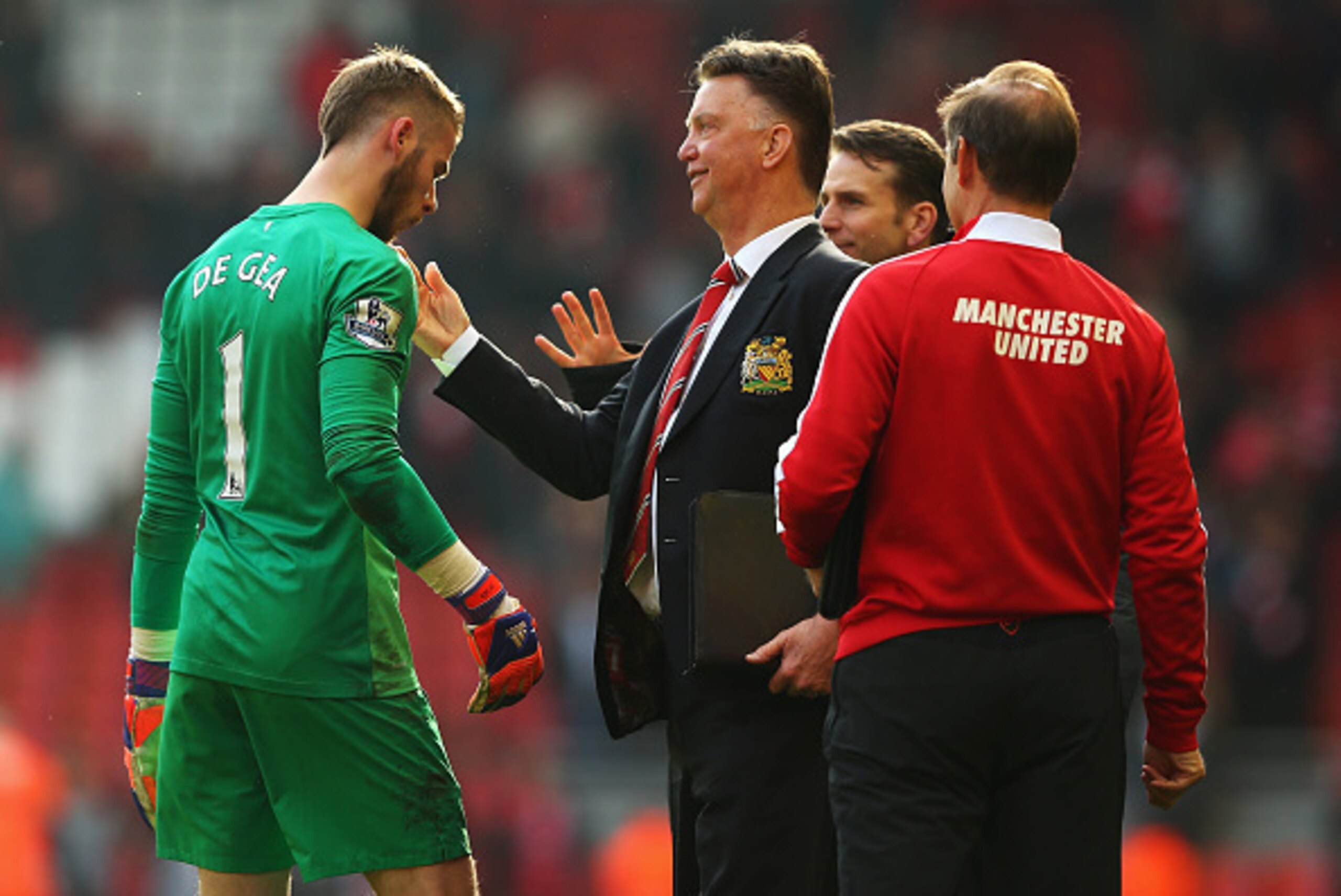 LIVERPOOL, ENGLAND - MARCH 22: Louis van Gaal, manager of Manchester United celebrates victory with David De Gea of Manchester United after the Barclays Premier League match between Liverpool and Manchester United at Anfield on March 22, 2015 in Liverpoo LIVERPOOL, ENGLAND - MARCH 22: Louis van Gaal, manager of Manchester United celebrates victory with David De Gea of Manchester United after the Barclays Premier League match between Liverpool and Manchester United at Anfield on March 22, 2015 in Liverpoo