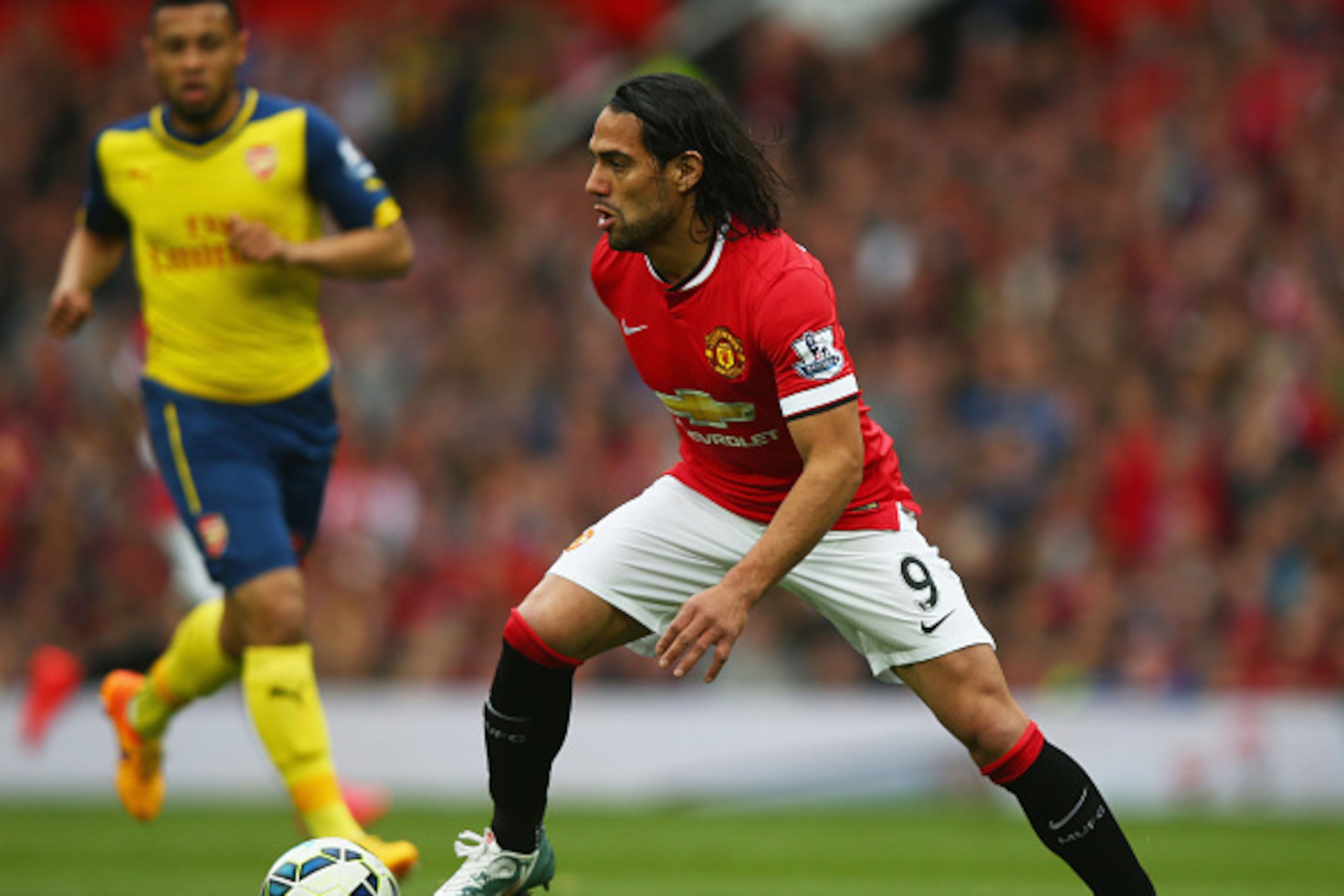 MANCHESTER, ENGLAND - MAY 17:  Radamel Falcao Garcia of Manchester United in action during the Barclays Premier League match between Manchester United and Arsenal at Old Trafford on May 17, 2015 in Manchester, England.  (Photo by Clive Rose/Getty Images)