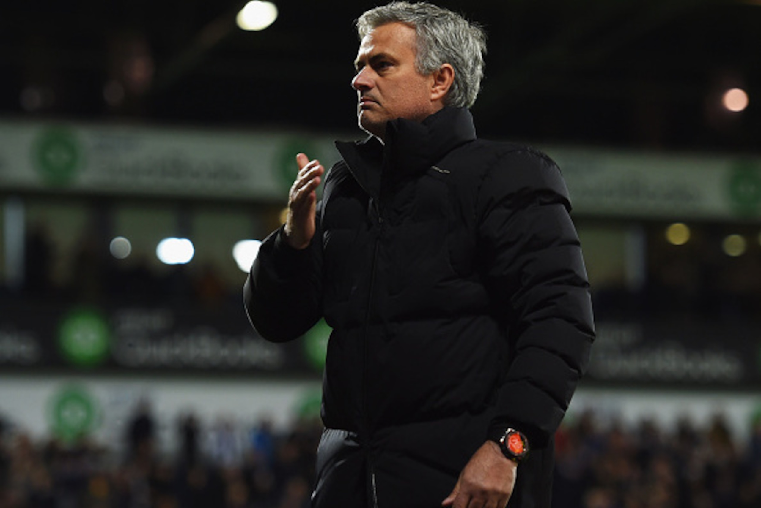 WEST BROMWICH, ENGLAND - MAY 18:  Jose Mourinho manager of Chelsea signals to the travelling fans after defeat during the Barclays Premier League match between West Bromwich Albion and Chelsea at The Hawthorns on May 18, 2015 in West Bromwich, England.  (