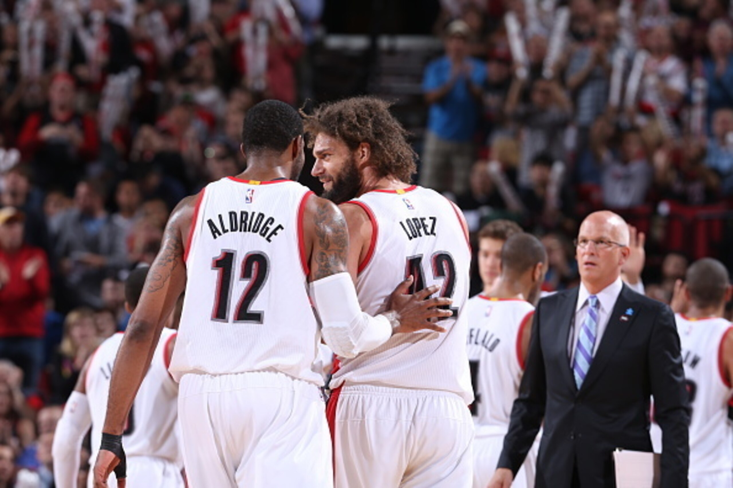 PORTLAND, OR - MARCH 30: LaMarcus Aldridge #12 and Robin Lopez #42 of the Portland Trail Blazers celebrate during a game against the Phoenix Suns on March 30, 2015 at the Moda Center Arena in Portland, Oregon. NOTE TO USER: User expressly acknowledges and PORTLAND, OR - MARCH 30: LaMarcus Aldridge #12 and Robin Lopez #42 of the Portland Trail Blazers celebrate during a game against the Phoenix Suns on March 30, 2015 at the Moda Center Arena in Portland, Oregon. NOTE TO USER: User expressly acknowledges and
