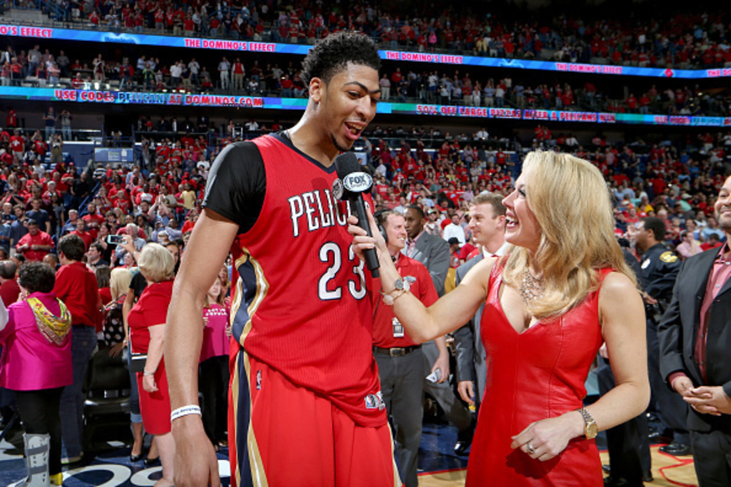 NEW ORLEANS, LA - APRIL 15: Anthony Davis #23 of the New Orleans Pelicans post game after the win against the San Antonio Spurs on April 15, 2015 at Smoothie King Center in New Orleans, Louisiana. NOTE TO USER: User expressly acknowledges and agrees that, NEW ORLEANS, LA - APRIL 15: Anthony Davis #23 of the New Orleans Pelicans post game after the win against the San Antonio Spurs on April 15, 2015 at Smoothie King Center in New Orleans, Louisiana. NOTE TO USER: User expressly acknowledges and agrees that,