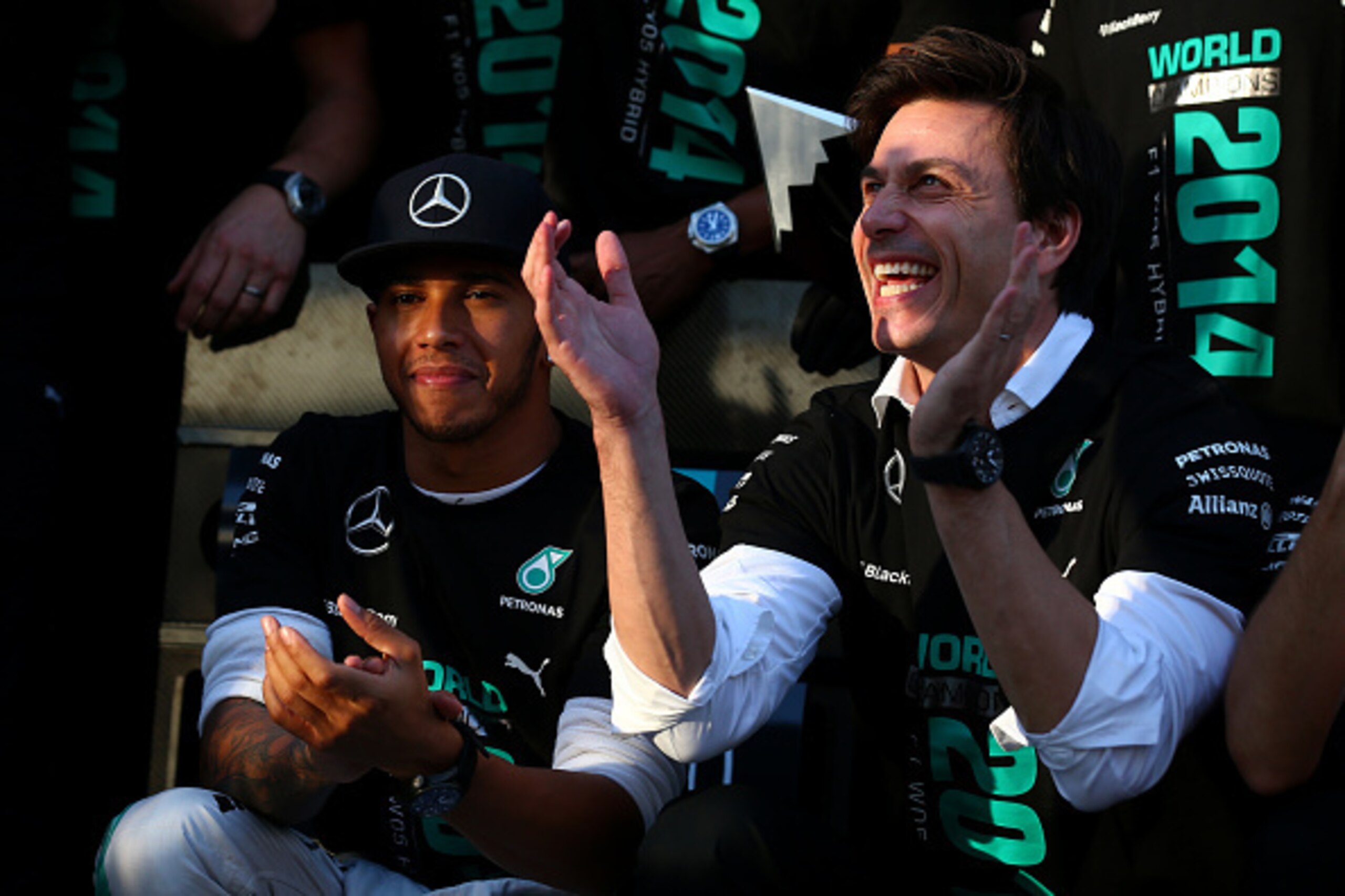 SOCHI, RUSSIA - OCTOBER 12:  Mercedes GP Executive Director Toto Wolff celebrated with Lewis Hamilton of Great Britain and Mercedes GP after becoming the 2014 World Constructors Champions during the Russian Formula One Grand Prix at Sochi Autodrom on Octo