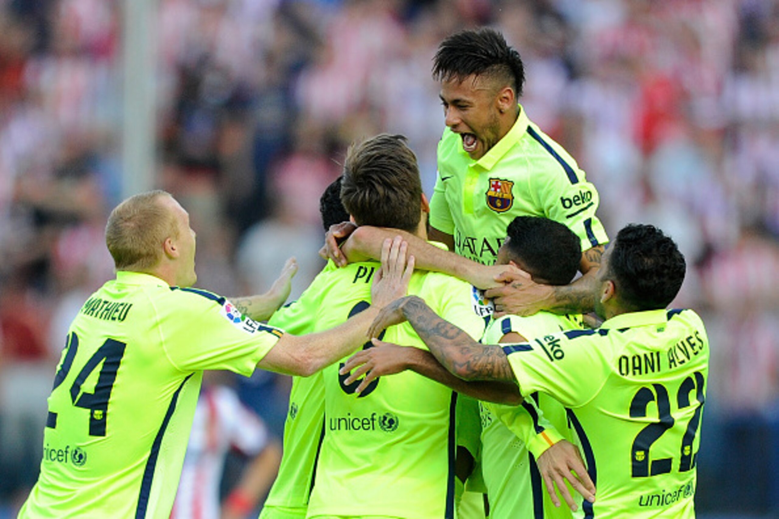 MADRID, SPAIN - MAY 17: Neyman of FC Barcelona jumps on top of teammates after winning the La Liga at the end of the La Liga match between Club Atletico de Madrid and FC Barcelona at Vicente Calderon Stadium on May 17, 2015 in Madrid, Spain. (Photo by MADRID, SPAIN - MAY 17: Neyman of FC Barcelona jumps on top of teammates after winning the La Liga at the end of the La Liga match between Club Atletico de Madrid and FC Barcelona at Vicente Calderon Stadium on May 17, 2015 in Madrid, Spain. (Photo by