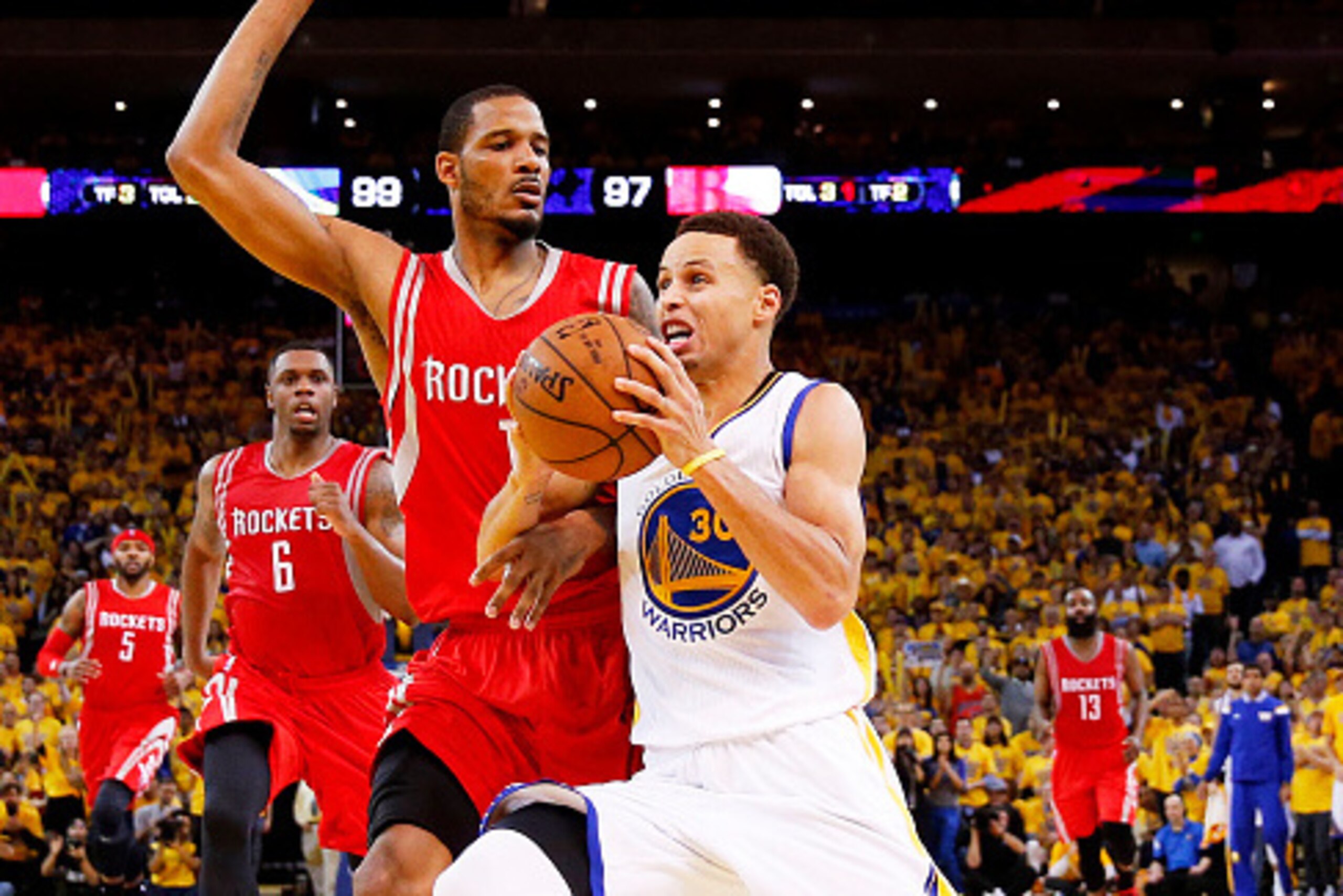 OAKLAND, CA - MAY 19:  Stephen Curry #30 of the Golden State Warriors drives against Trevor Ariza #1 of the Houston Rockets in the fourth quarter during Game One of the Western Conference Finals of the 2015 NBA Playoffs at ORACLE Arena on May 19, 2015 in 