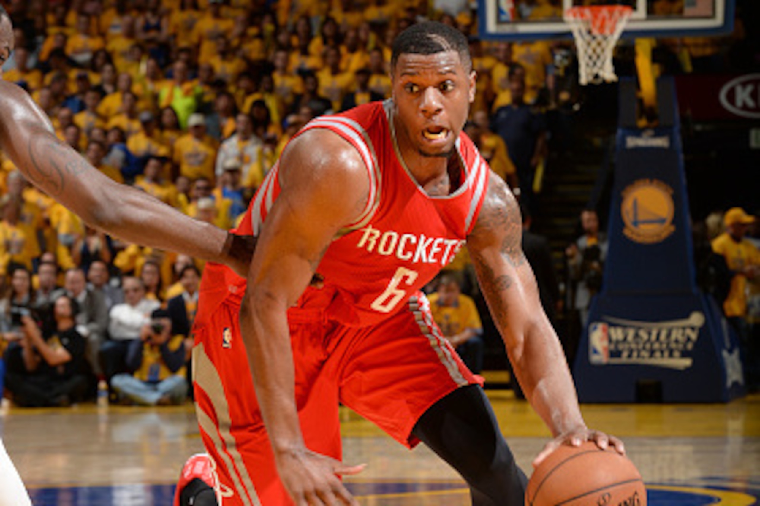 OAKLAND, CA - MAY 19: Terrence Jones #6 of the Houston Rockets drives to the basket against the Golden State Warriors during Game One of the Western Conference Finals during the NBA Playoffs on May 19, 2015 at ORACLE Arena in Oakland, California.  NOTE TO