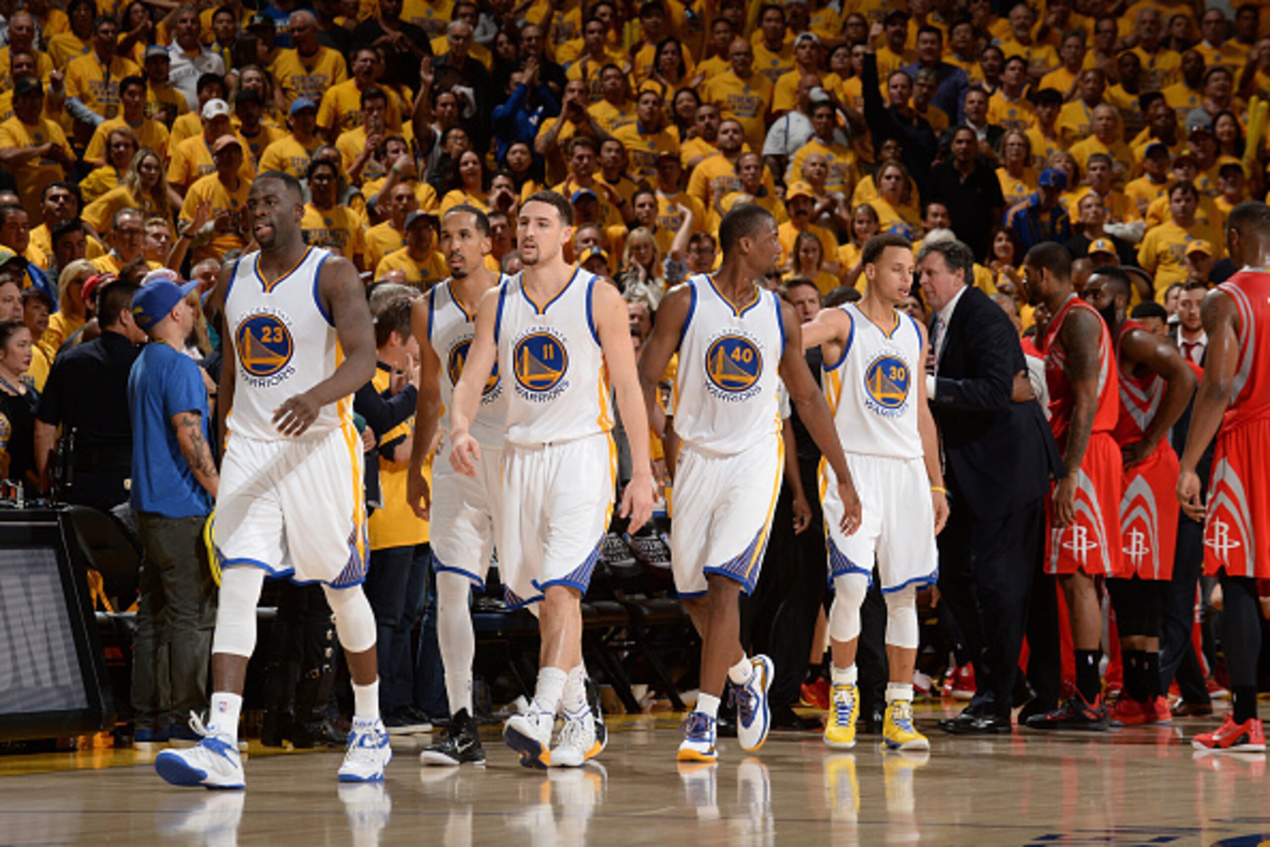 OAKLAND, CA - MAY 19: Draymond Green #23, Klay Thompson #11, Shaun Livingston #34, Harrison Barnes #40 and Stephen Curry #30 of the Golden State Warriors during Game One of the Western Conference Finals against the Houston Rockets during the NBA Playoffs 