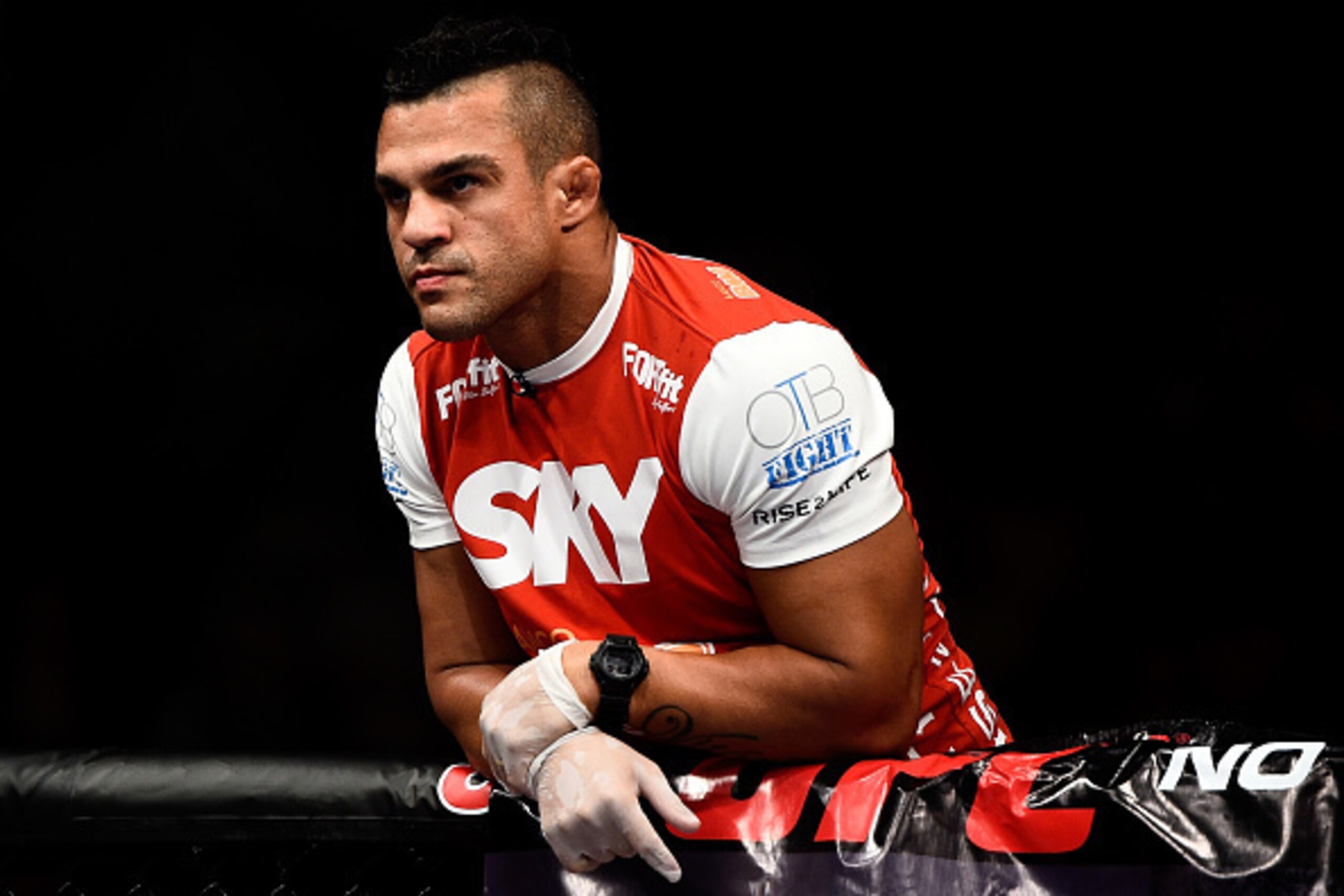 RIO DE JANEIRO, BRAZIL - OCTOBER 25:  Coach Vitor Belfort of Brazil looks on before Gilbert Burns´ (not shown) featherweight bout during the UFC 179 event at Maracanazinho on October 25, 2014 in Rio de Janeiro, Brazil.  (Photo by Buda Mendes/Getty Images)