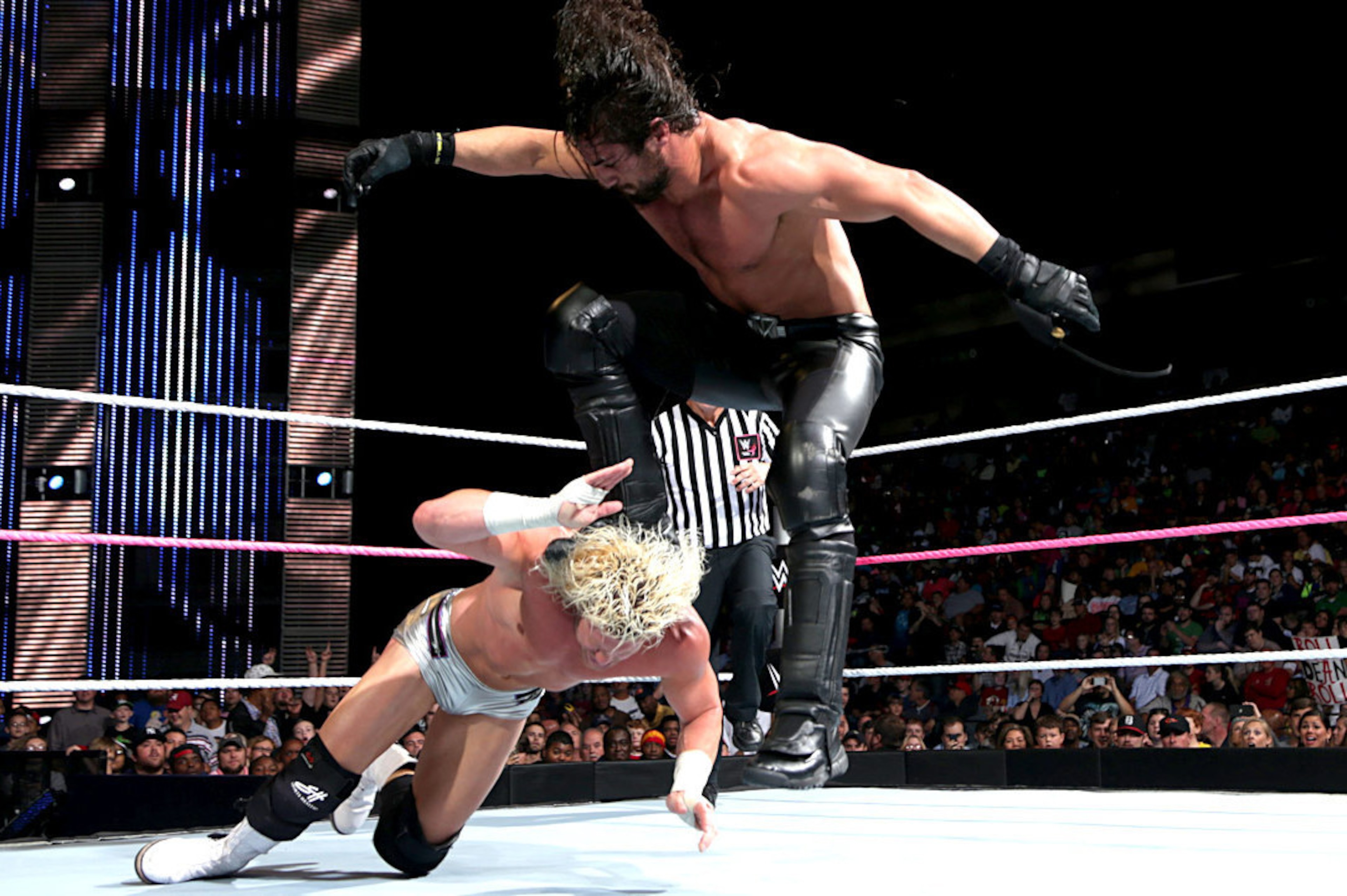 Seth Rollins hits Dolph Ziggler with the Curb Stomp. Seth Rollins hits Dolph Ziggler with the Curb Stomp.