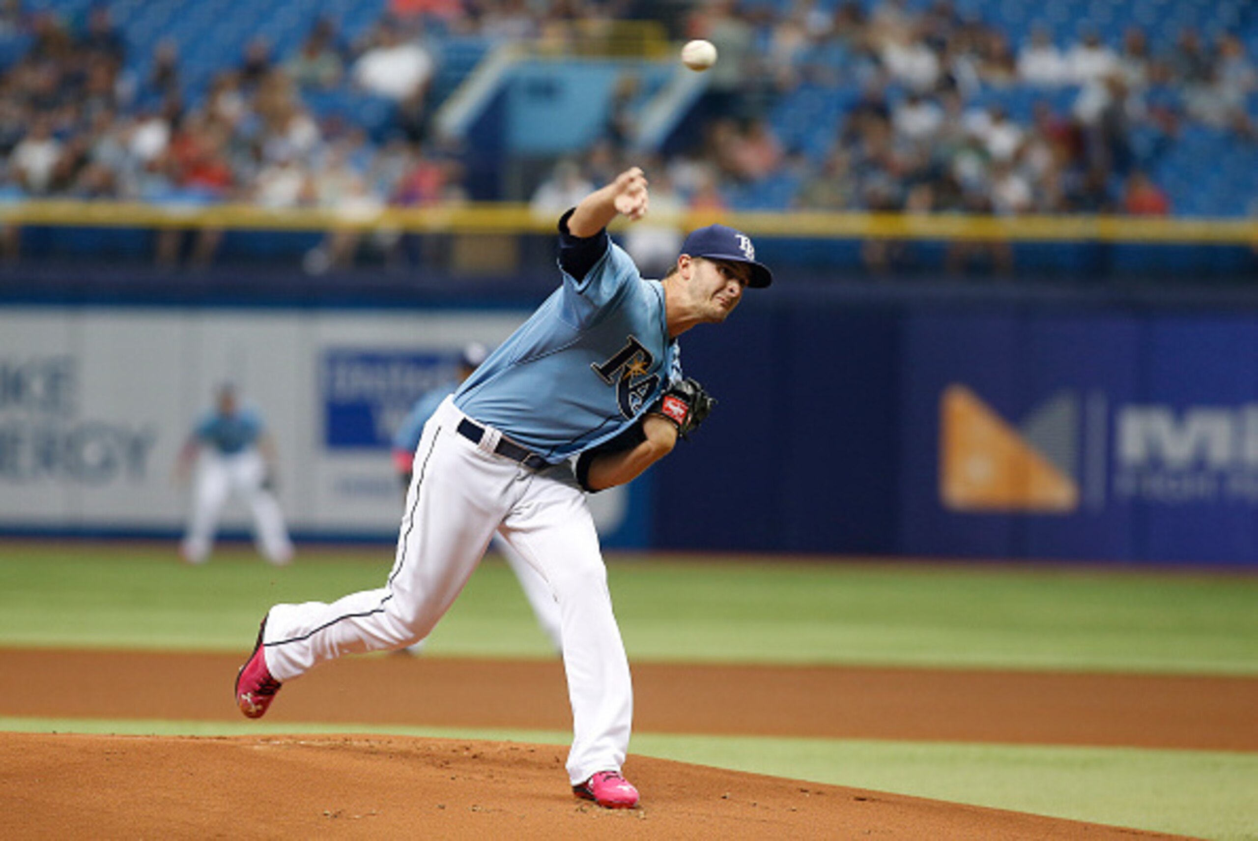 ST. PETERSBURG, FL - MAY 10: Jake Odorizzi #23 of the Tampa Bay Rays pitches during the first inning of a game against the Texas Rangers on May 10, 2015 at Tropicana Field in St. Petersburg, Florida. (Photo by Brian Blanco/Getty Images)