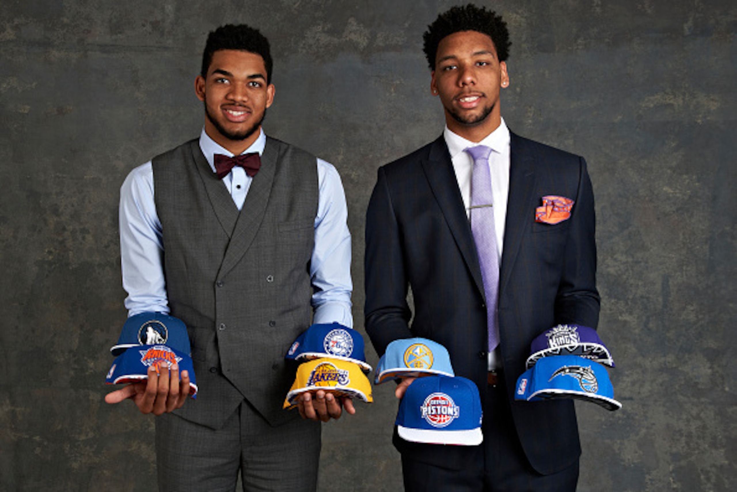 NEW YORK - MAY 19: Draft Prospects Karl Anthony Towns and Jahlil Okafor poses for some portraits prior to the 2015 NBA Draft Lottery on May 19, 2015 at the NBA Headquarters in New York City.  NOTE TO USER: User expressly acknowledges and agrees that, by d