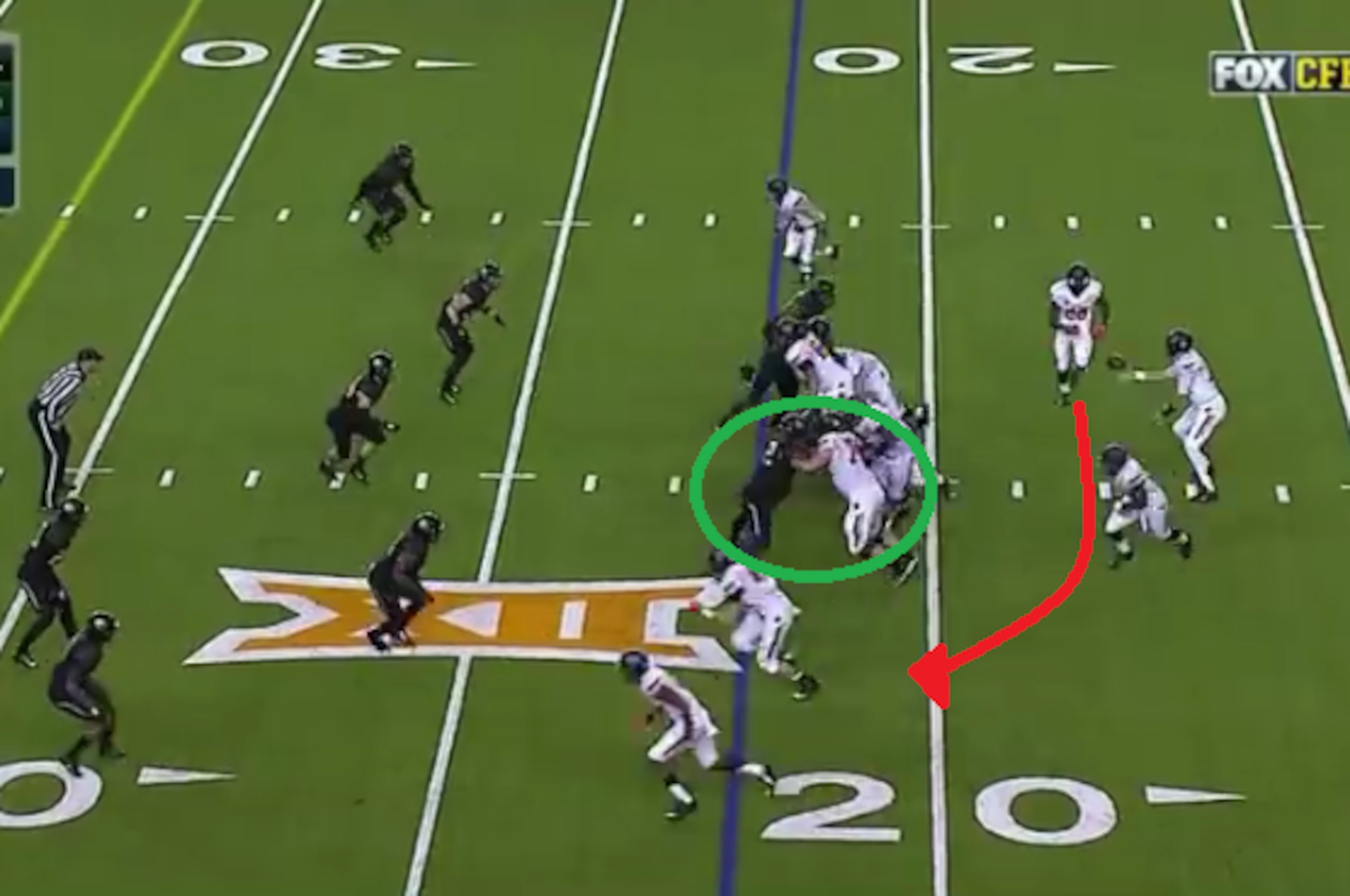 Shawn Oakman engages blocker against jet sweep.