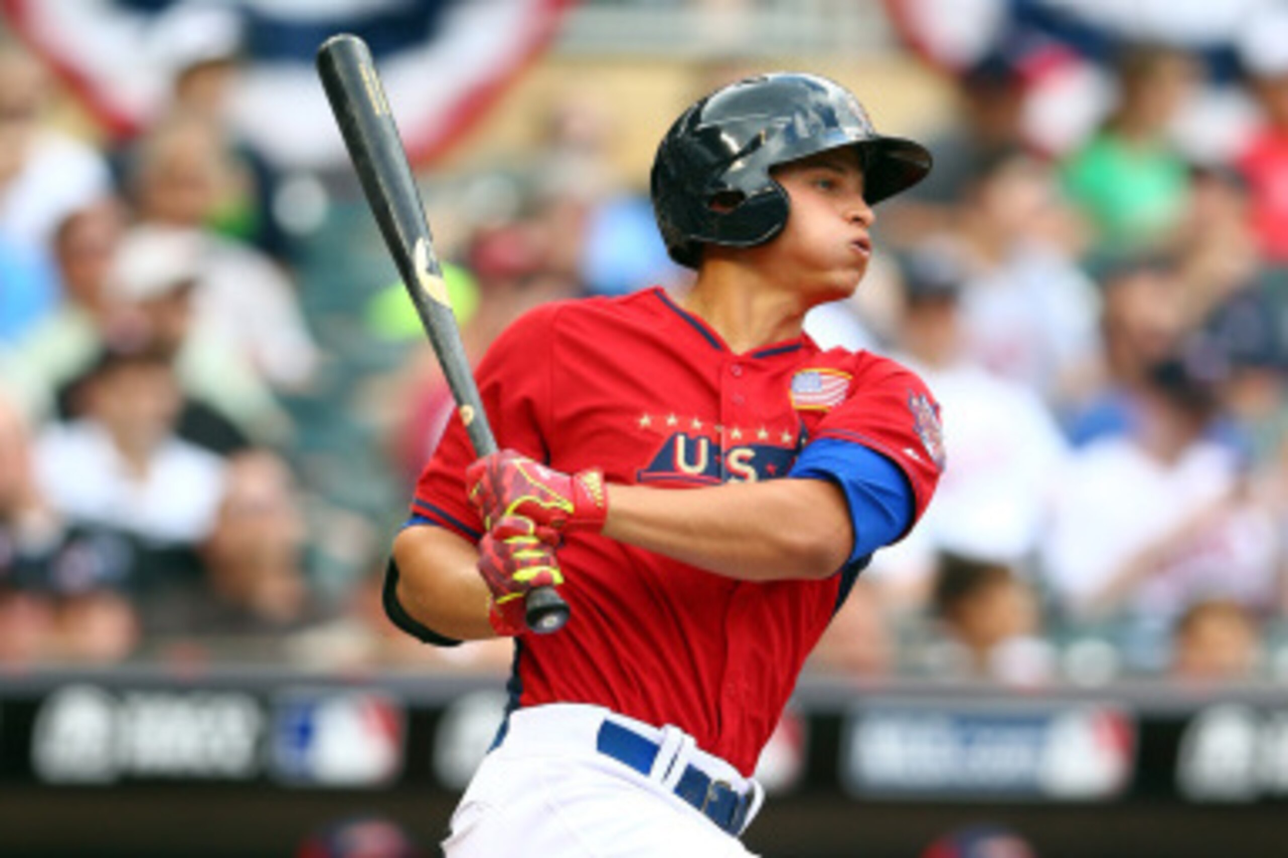 MINNEAPOLIS, MN - JULY 13:  Corey Seager of the U.S. Team during the SiriusXM All-Star Futures Game at Target Field on July 13, 2014 in Minneapolis, Minnesota.  (Photo by Elsa/Getty Images)