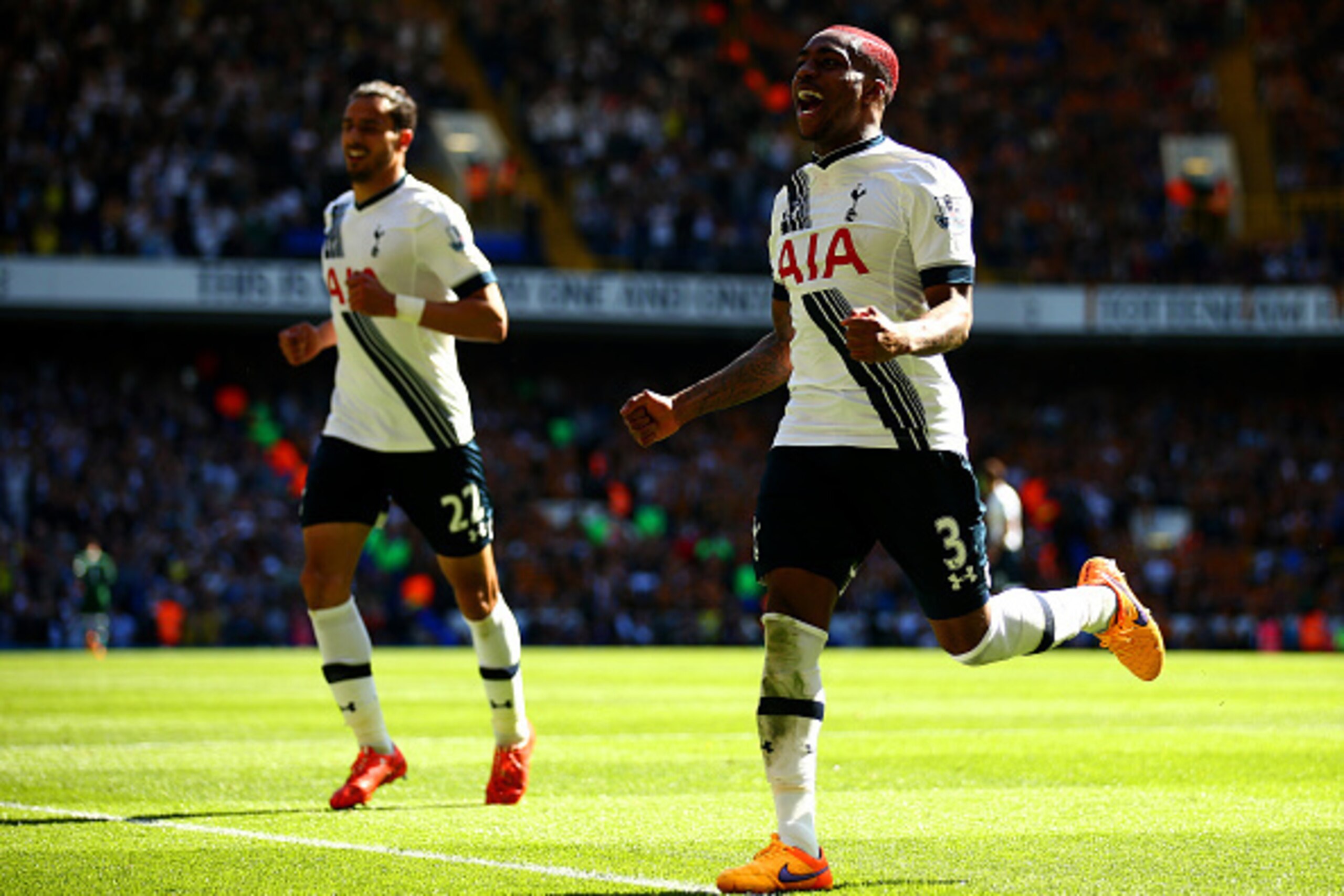 LONDON, ENGLAND - MAY 16: Danny Rose (R) of Spurs celebrates scoring their second goal during the Barclays Premier League match between Tottenham Hotspur and Hull City at White Hart Lane on May 16, 2015 in London, England. (Photo by Paul Gilham/Getty I LONDON, ENGLAND - MAY 16: Danny Rose (R) of Spurs celebrates scoring their second goal during the Barclays Premier League match between Tottenham Hotspur and Hull City at White Hart Lane on May 16, 2015 in London, England. (Photo by Paul Gilham/Getty I