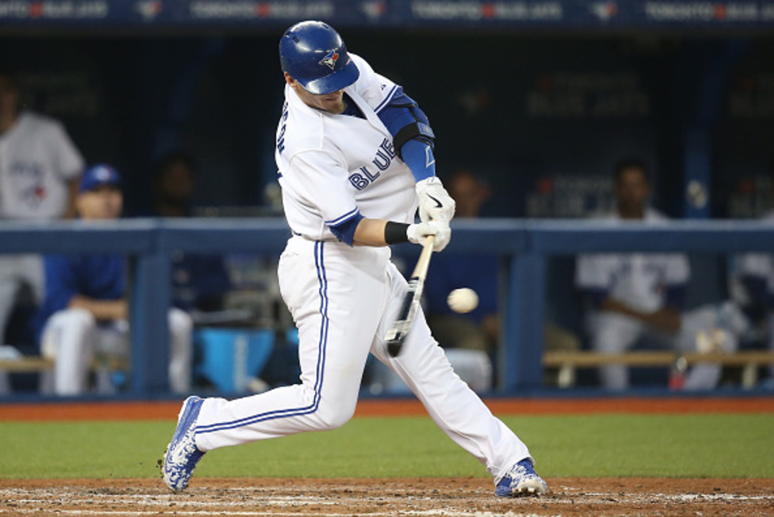TORONTO, CANADA - MAY 8: Josh Donaldson #20 of the Toronto Blue Jays hits a single in the fifth inning during MLB game action against the Boston Red Sox on May 8, 2015 at Rogers Centre in Toronto, Ontario, Canada. (Photo by Tom Szczerbowski/Getty Images)