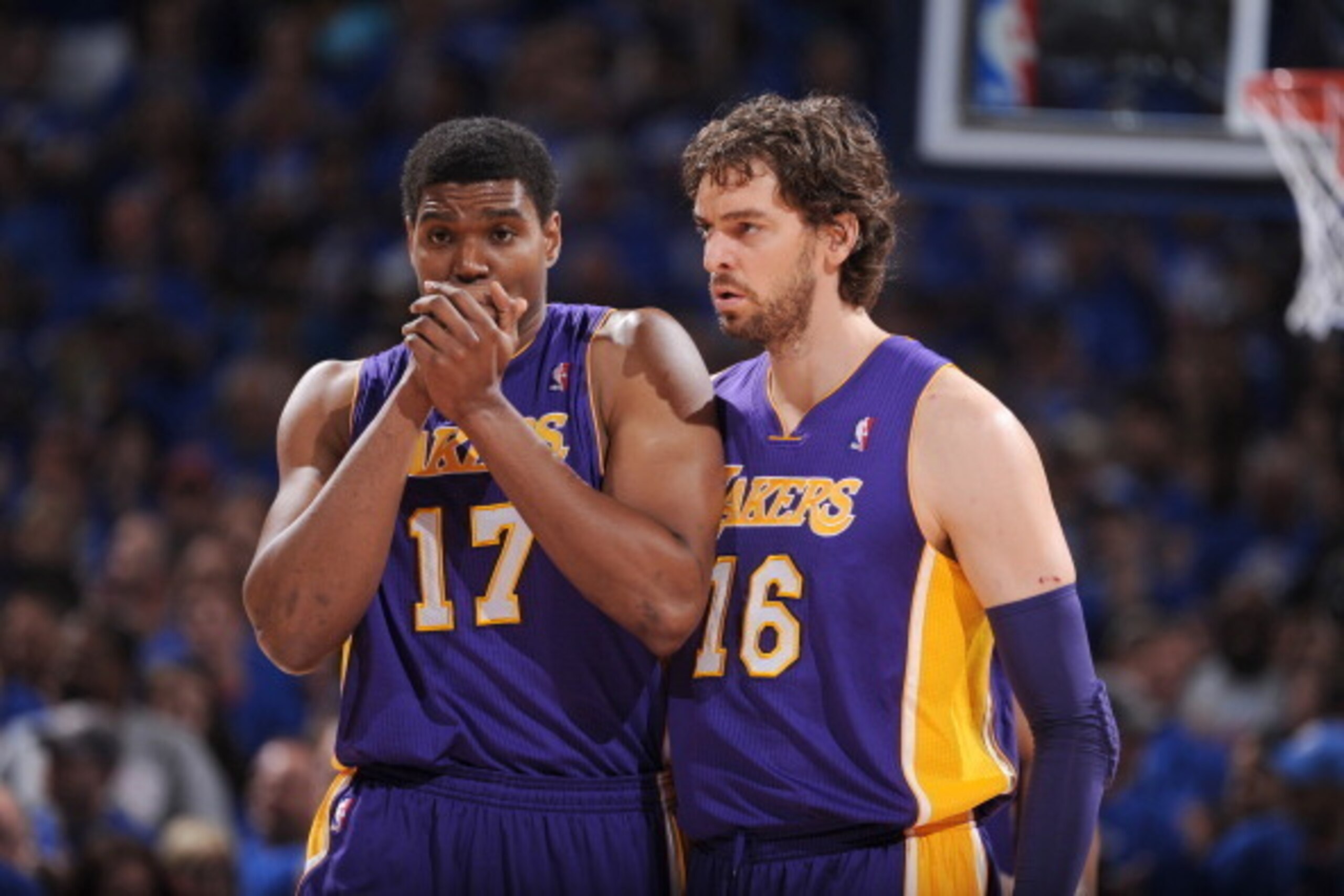 OKLAHOMA CITY, OK - MAY 21: Andrew Bynum #17 of the Los Angeles Lakers and Pau Gasol #16 of the Los Angeles Lakers look on in Game Five of the Western Conference Semifinals between the Los Angeles Lakers and the Oklahoma City Thunder during the 2012 NBA OKLAHOMA CITY, OK - MAY 21: Andrew Bynum #17 of the Los Angeles Lakers and Pau Gasol #16 of the Los Angeles Lakers look on in Game Five of the Western Conference Semifinals between the Los Angeles Lakers and the Oklahoma City Thunder during the 2012 NBA