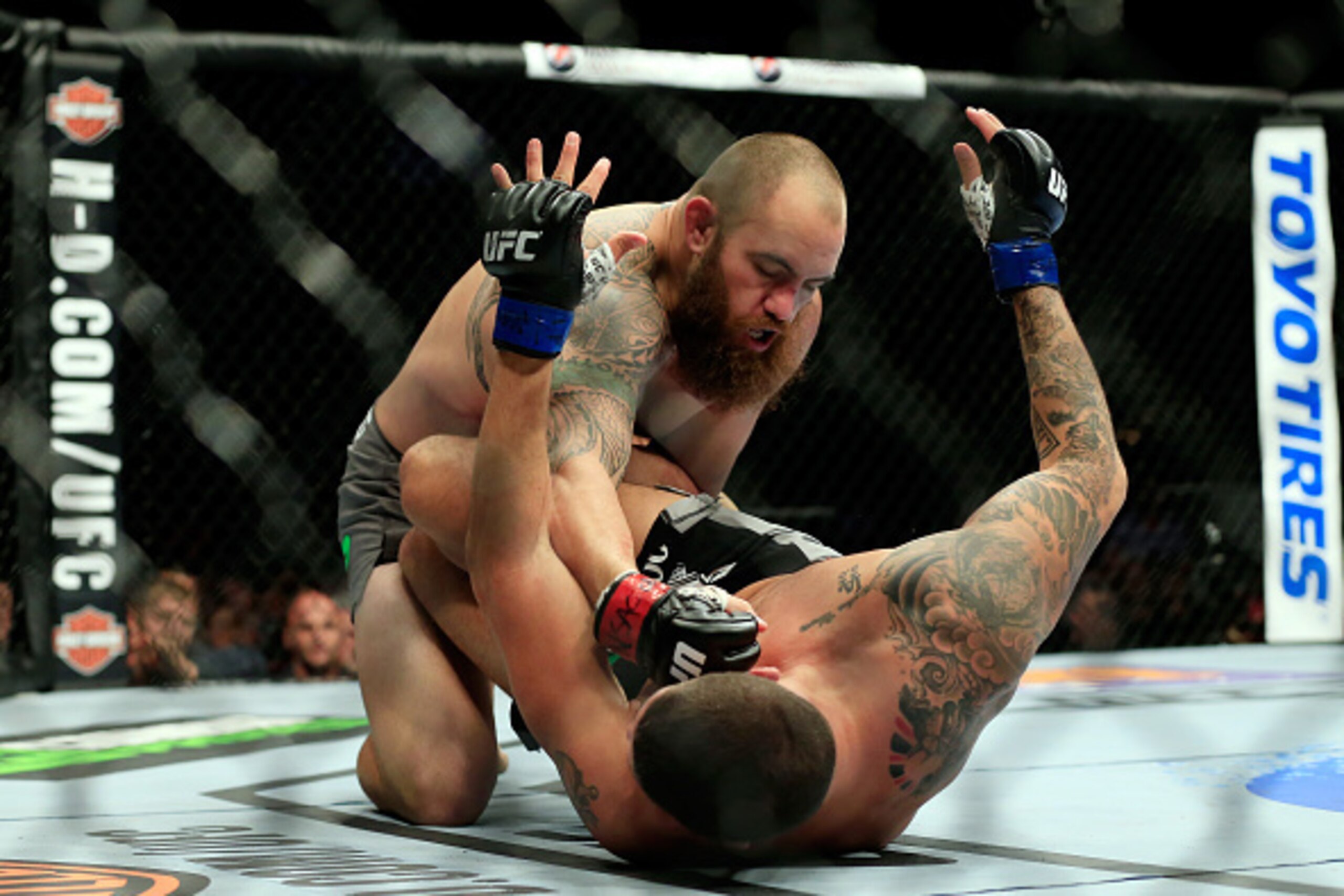 LAS VEGAS, NV - DECEMBER 06:  Travis Browne (top) punches Brendan Schaub (bottom) in their fight during the UFC 181 event at the Mandalay Bay Events Center on December 6, 2014 in Las Vegas, Nevada.  (Photo by Alex Trautwig/Getty Images)