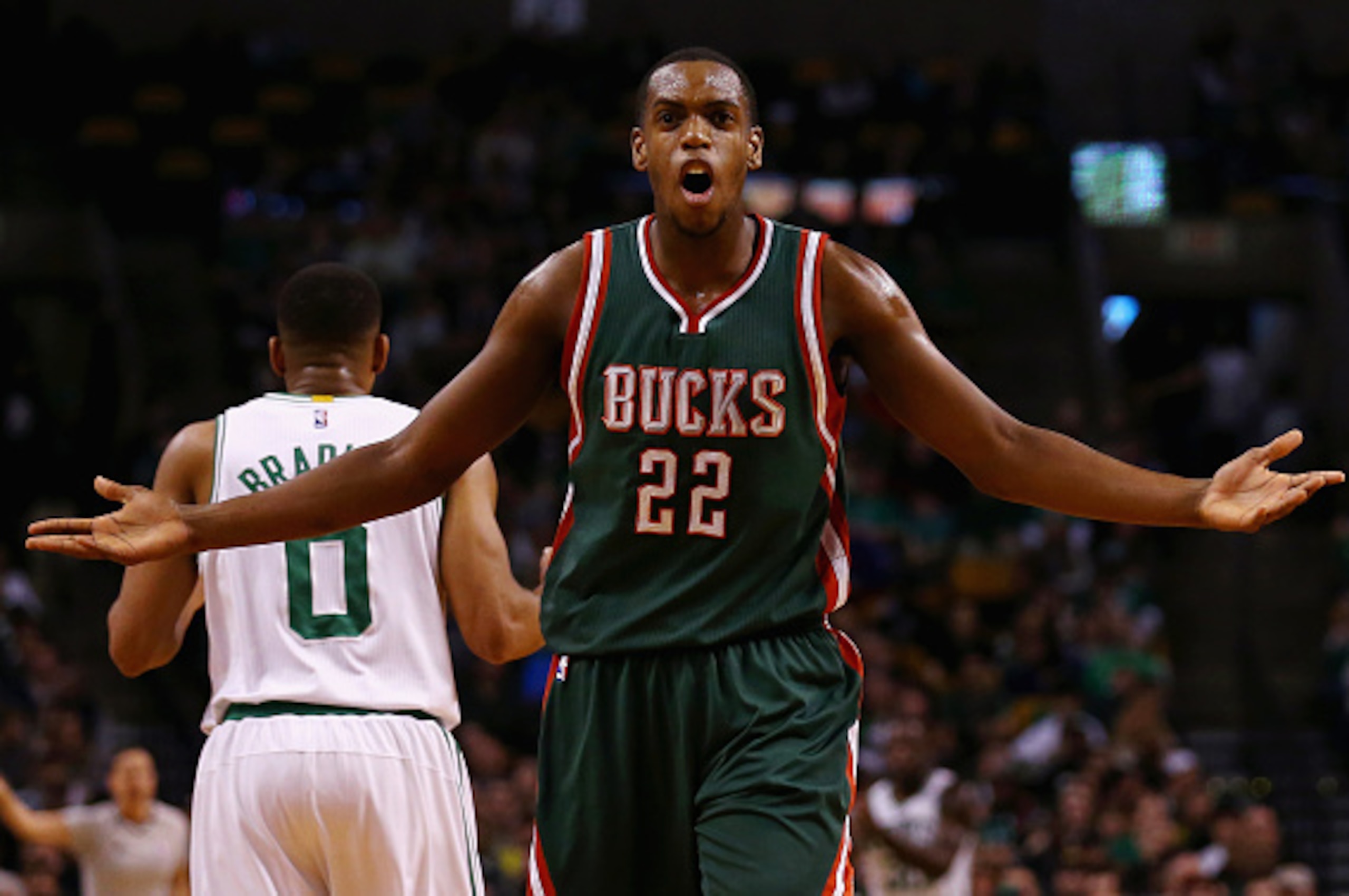 BOSTON, MA - APRIL 03:  Khris Middleton #22 of the Milwaukee Bucks disputes a call during the first quarter against the Milwaukee Bucks  at TD Garden on April 3, 2015 in Boston, Massachusetts. NOTE TO USER: User expressly acknowledges and agrees that, by 