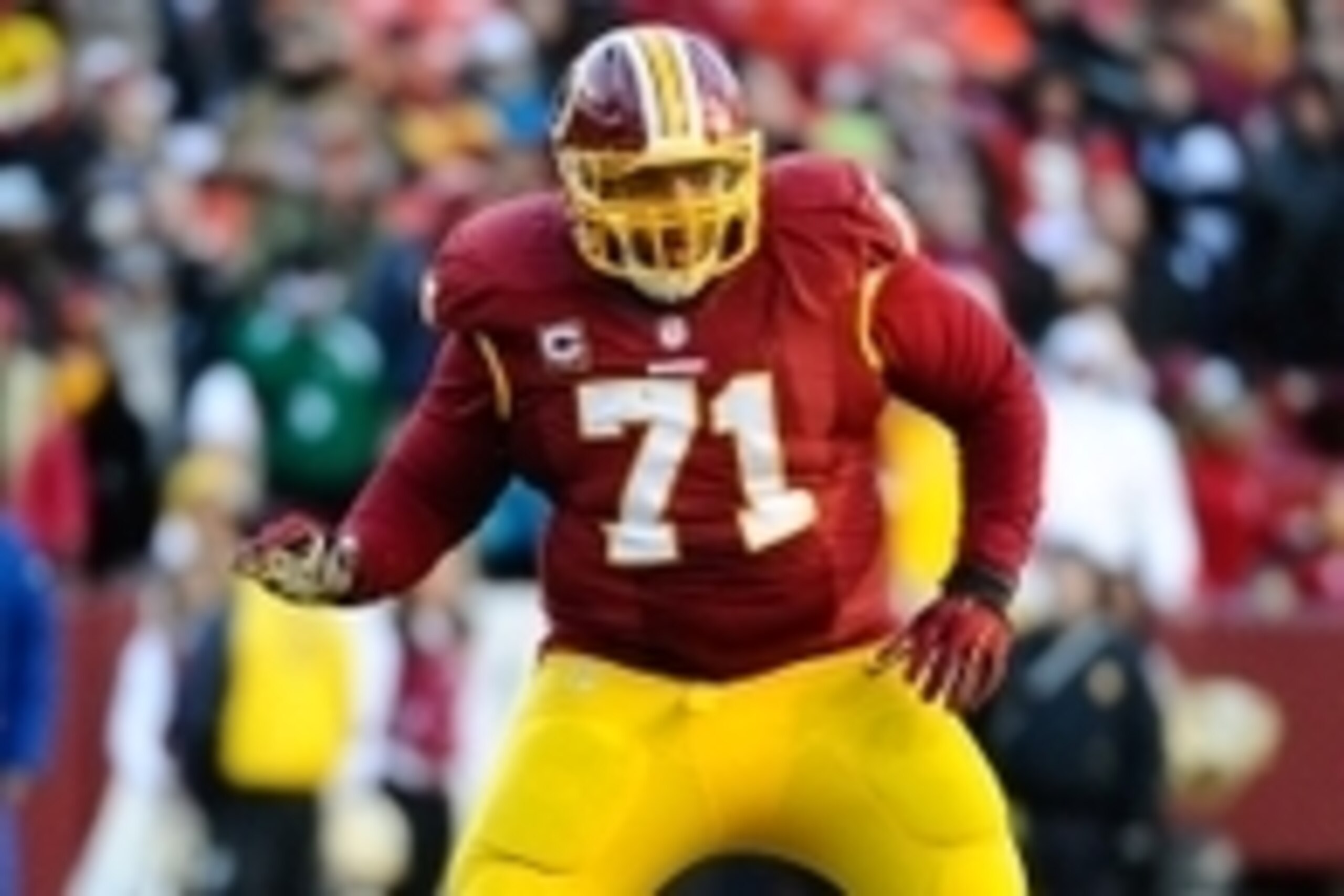 Dec 7, 2014; Landover, MD, USA; Washington Redskins tackle Trent Williams (71) prepares to block against the St. Louis Rams during the second half at FedEx Field. Mandatory Credit: Brad Mills-USA TODAY Sports