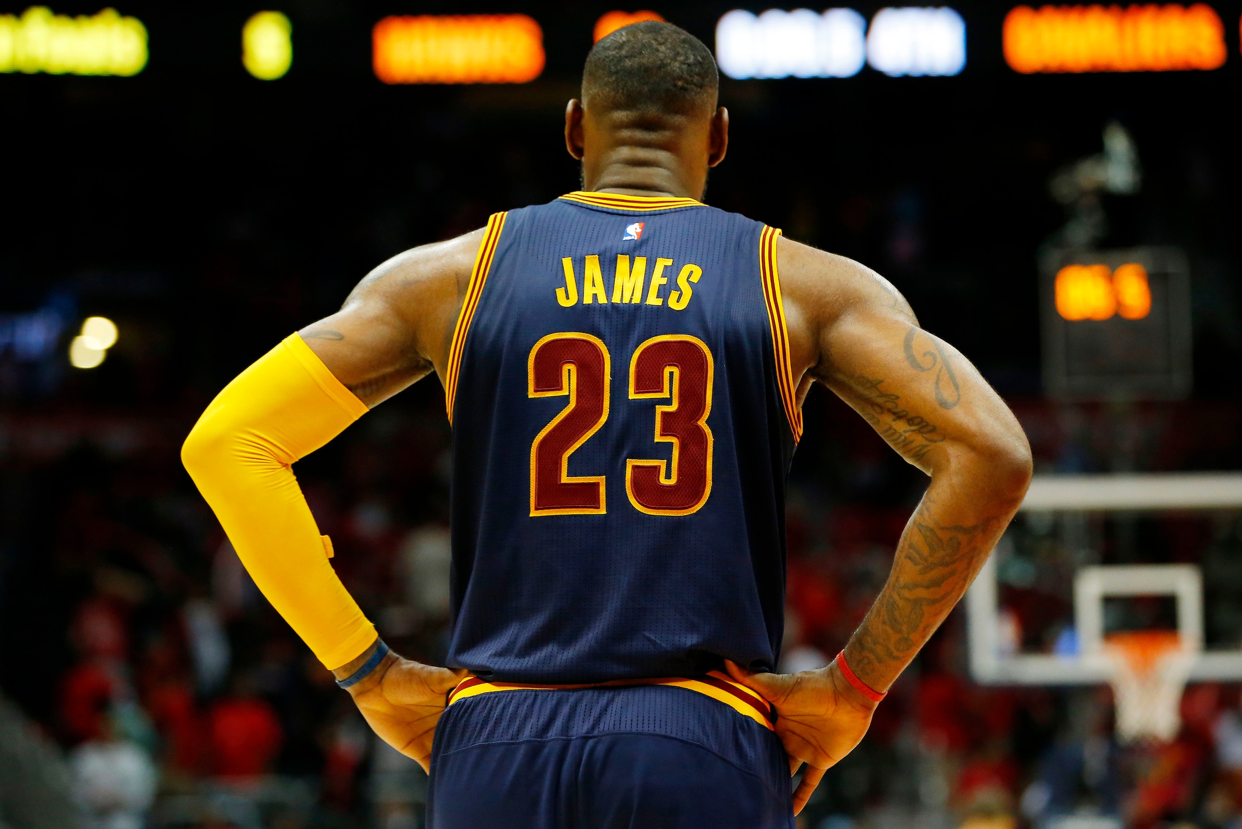 ATLANTA, GA - MAY 20: LeBron James #23 of the Cleveland Cavaliers reacts in the final minutes of their 97 to 89 win over the Atlanta Hawks during Game One of the Eastern Conference Finals of the 2015 NBA Playoffs at Philips Arena on May 20, 2015 in Atlan ATLANTA, GA - MAY 20: LeBron James #23 of the Cleveland Cavaliers reacts in the final minutes of their 97 to 89 win over the Atlanta Hawks during Game One of the Eastern Conference Finals of the 2015 NBA Playoffs at Philips Arena on May 20, 2015 in Atlan