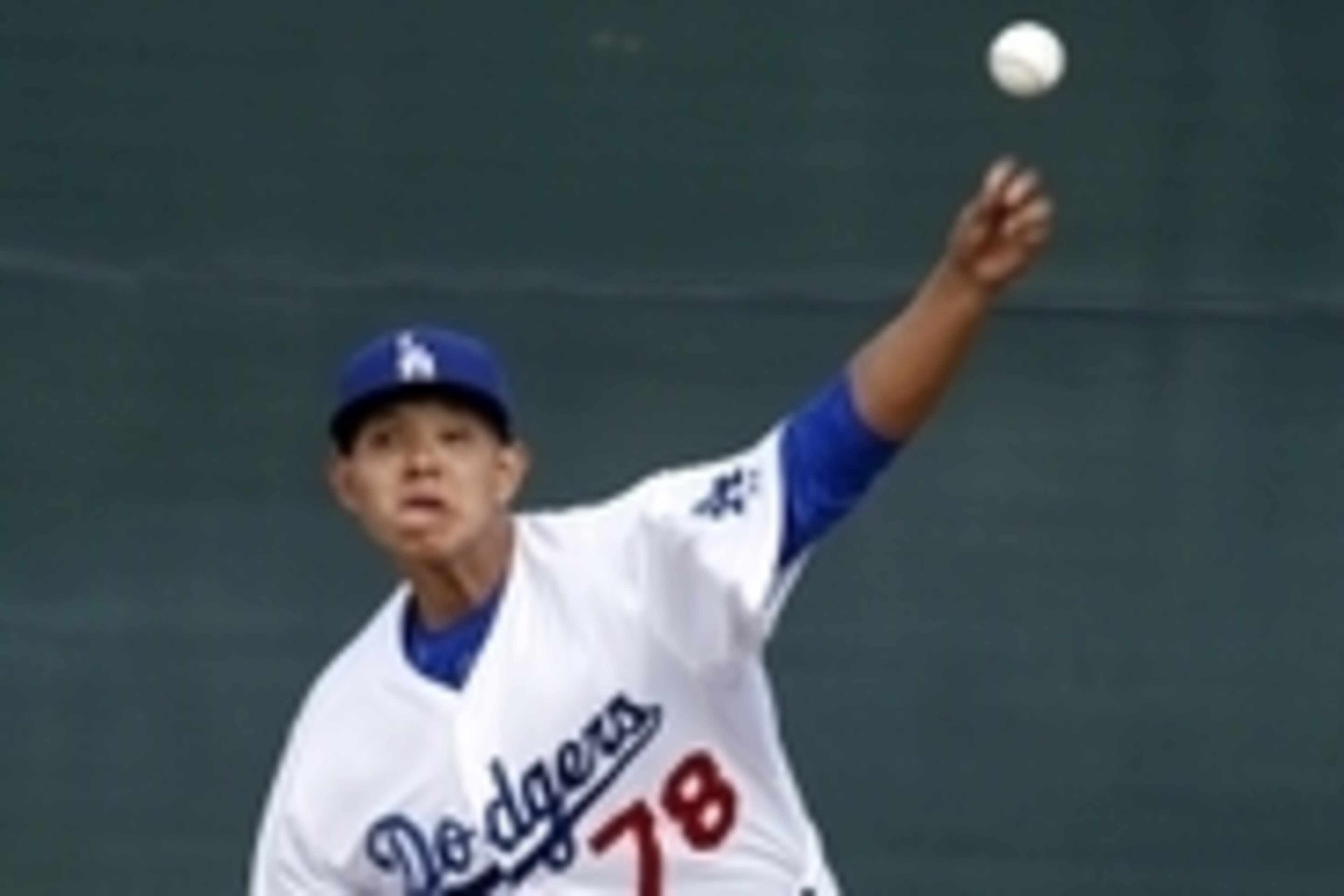 Feb 23, 2015; Glendale, AZ, USA; Los Angeles Dodgers pitcher Julio Urias (78) throws in the bullpen during camp at Camelback Ranch. Mandatory Credit: Rick Scuteri-USA TODAY Sports