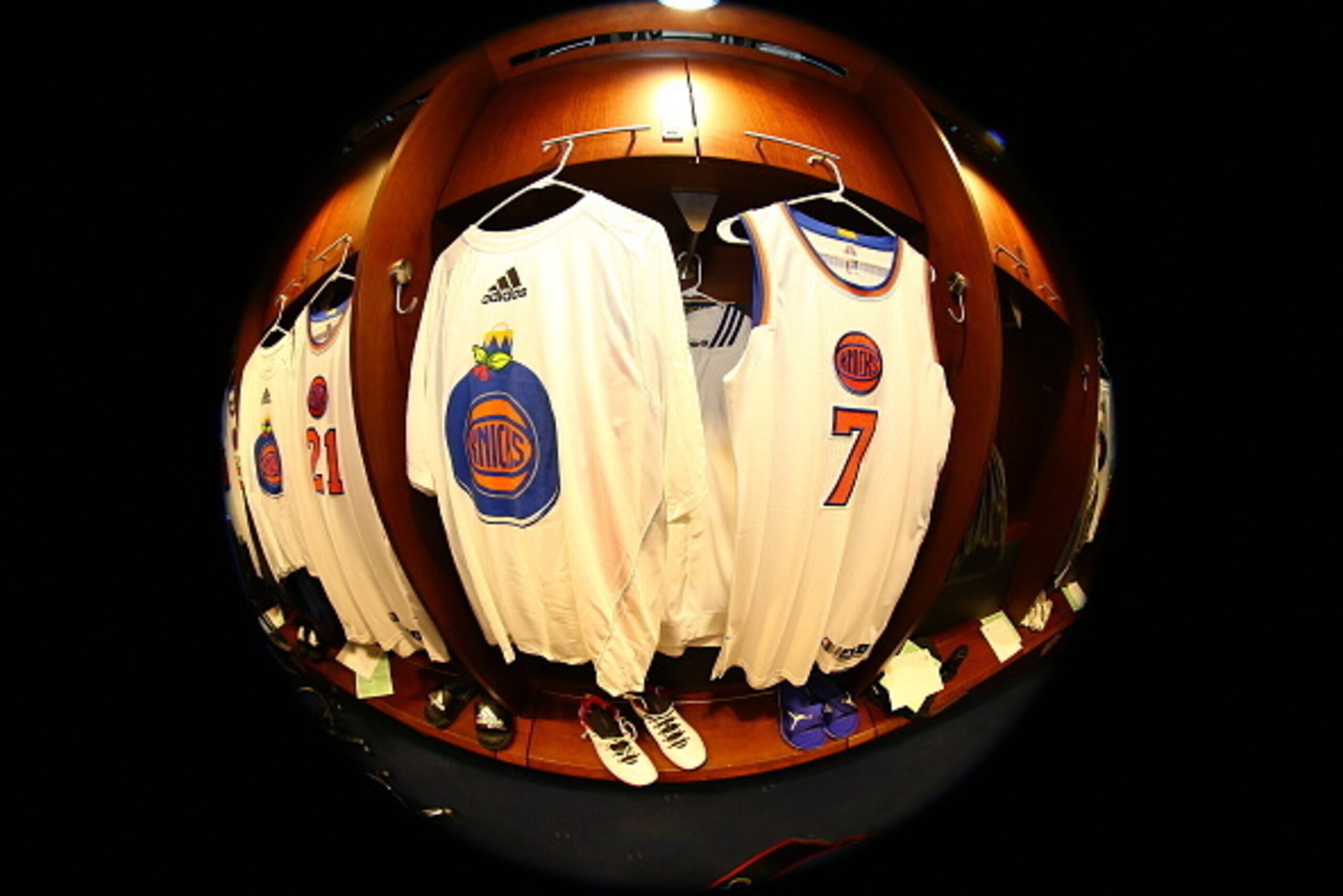 NEW YORK, NY - DECEMBER 25: The locker of Carmelo Anthony #7 of the New York Knicks before a game between the New York Knicks and the Washington Wizards at Madison Square Garden on December 25, 2014 in New York, New York. NOTE TO USER: User expressly ackn