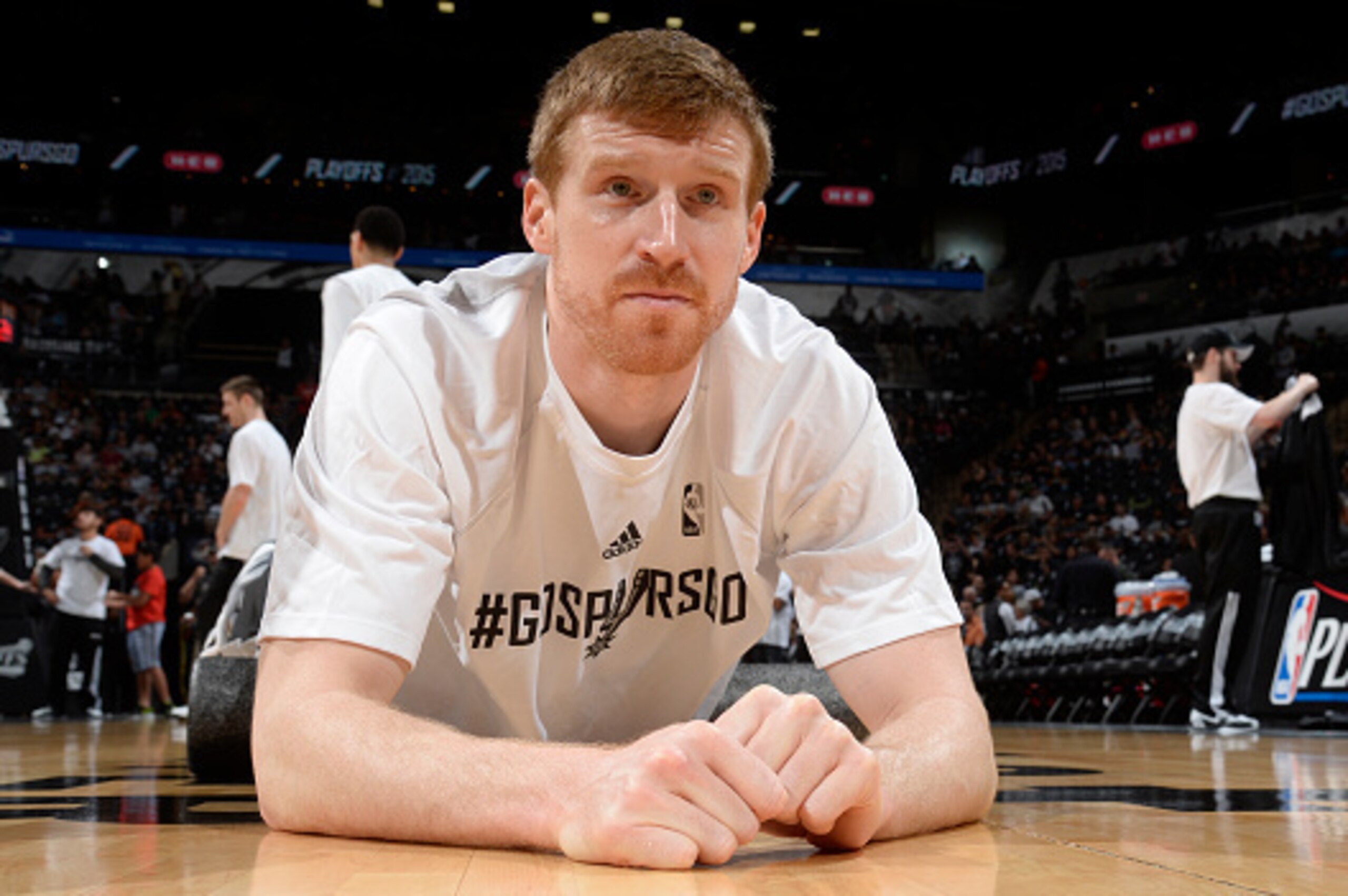 SAN ANTONIO, TX - APRIL 26:  Matt Bonner #15 of the San Antonio Spurs stretches before Game Four of the Western Conference Quarterfinals against the Los Angeles Clippers during the 2015 NBA Playoffs on April 26, 2015 at the AT&T Center in San Antonio, Tex