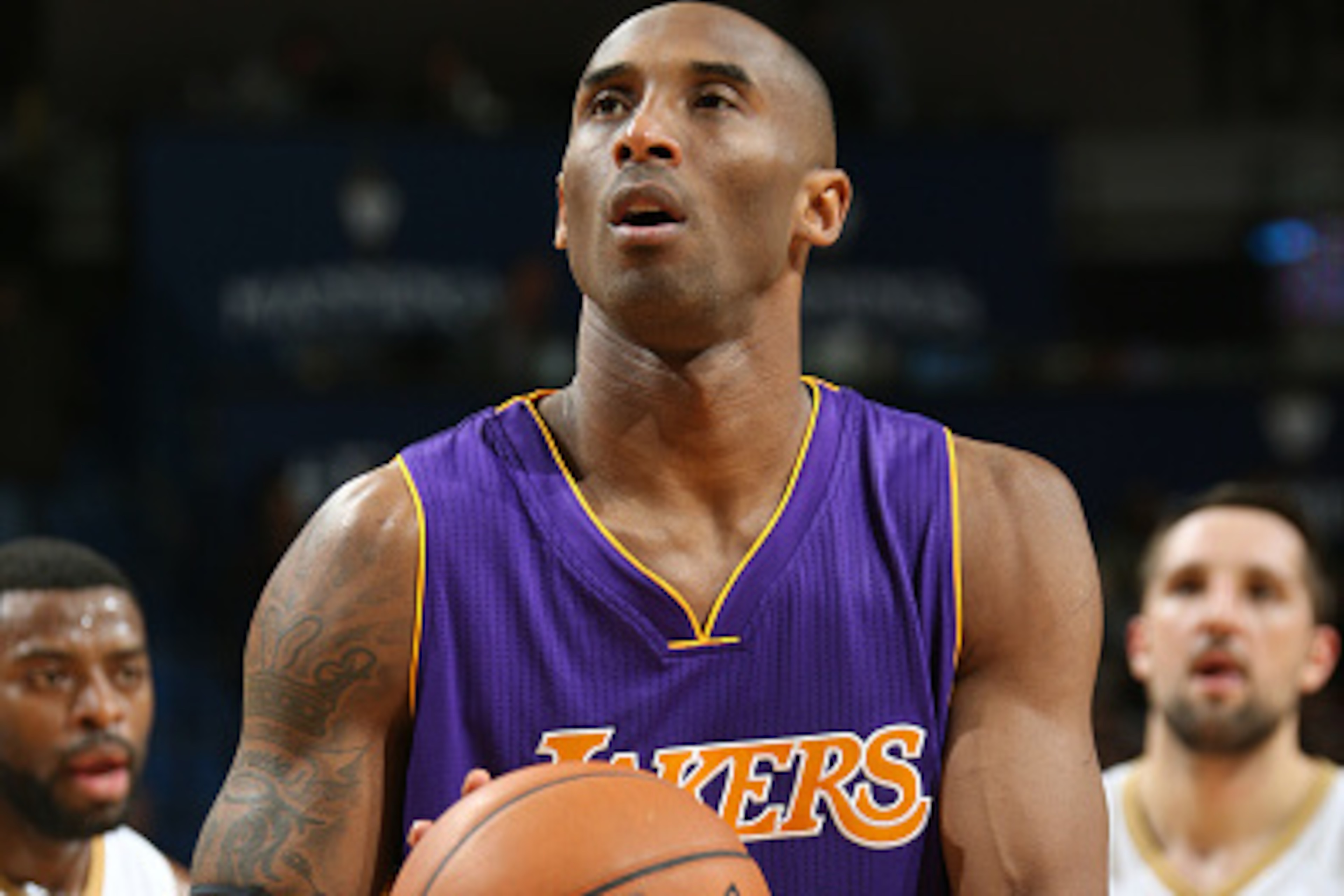 NEW ORLEANS, LA -  JANUARY 21: Kobe Bryant #24 of the Los Angeles Lakers takes a free throw against New Orleans Pelicans on January 21, 2015 at Smoothie King Center in New Orleans, Louisiana. NOTE TO USER: User expressly acknowledges and agrees that, by d