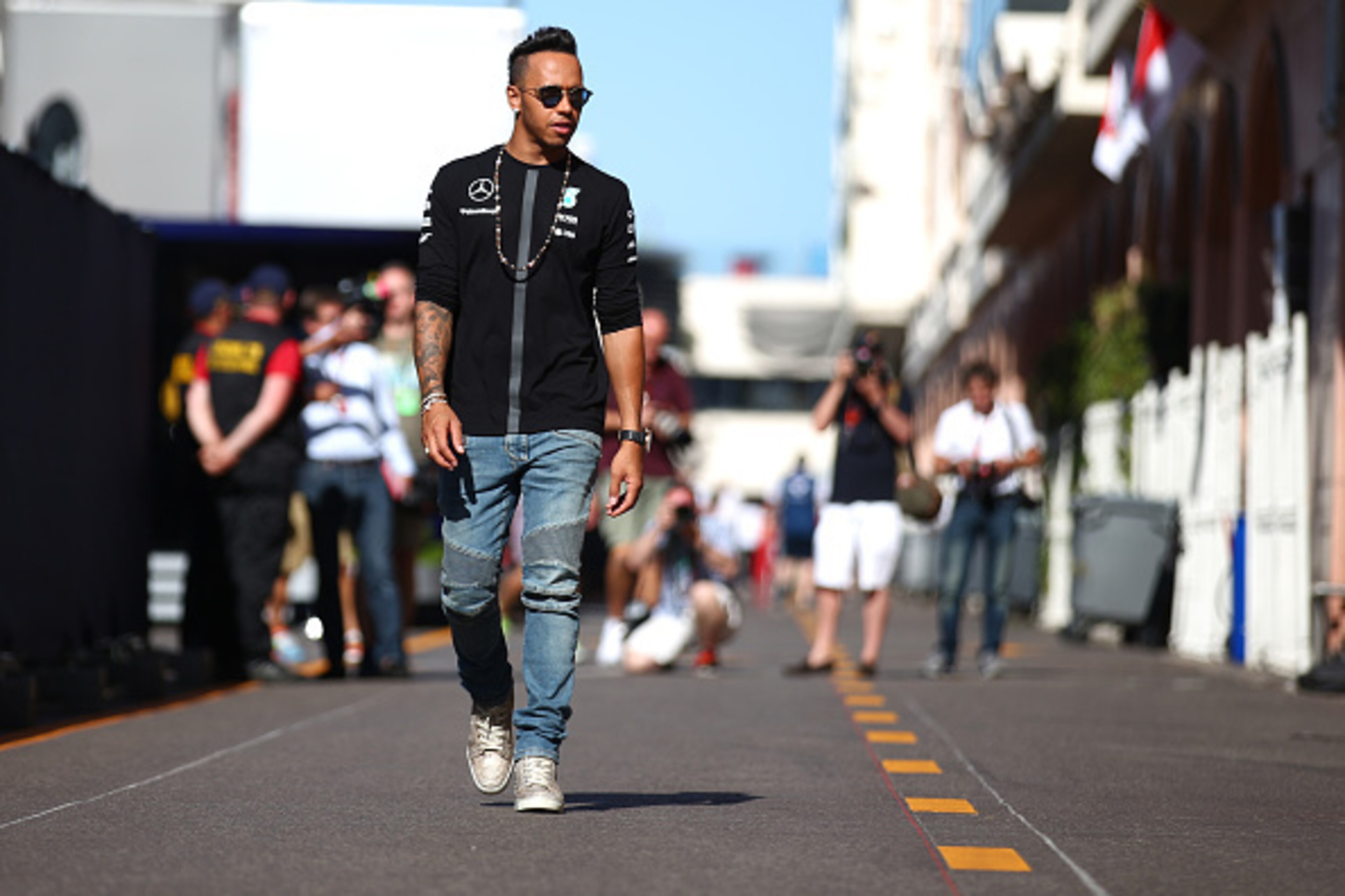 MONTE-CARLO, MONACO - MAY 20:  Lewis Hamilton of Great Britain and Mercedes GP walks in the paddock during previews to the Monaco Formula One Grand Prix at Circuit de Monaco on May 20, 2015 in Monte-Carlo, Monaco.  (Photo by Paul Gilham/Getty Images)