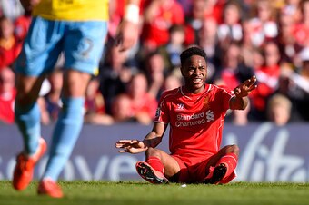 LIVERPOOL, ENGLAND - MAY 16:  Raheem Sterling of Liverpool reacts during the Barclays Premier League match betrween Liverpool and Crystal Palace at Anfield on May 16, 2015 in Liverpool, England.  (Photo by Stu Forster/Getty Images)