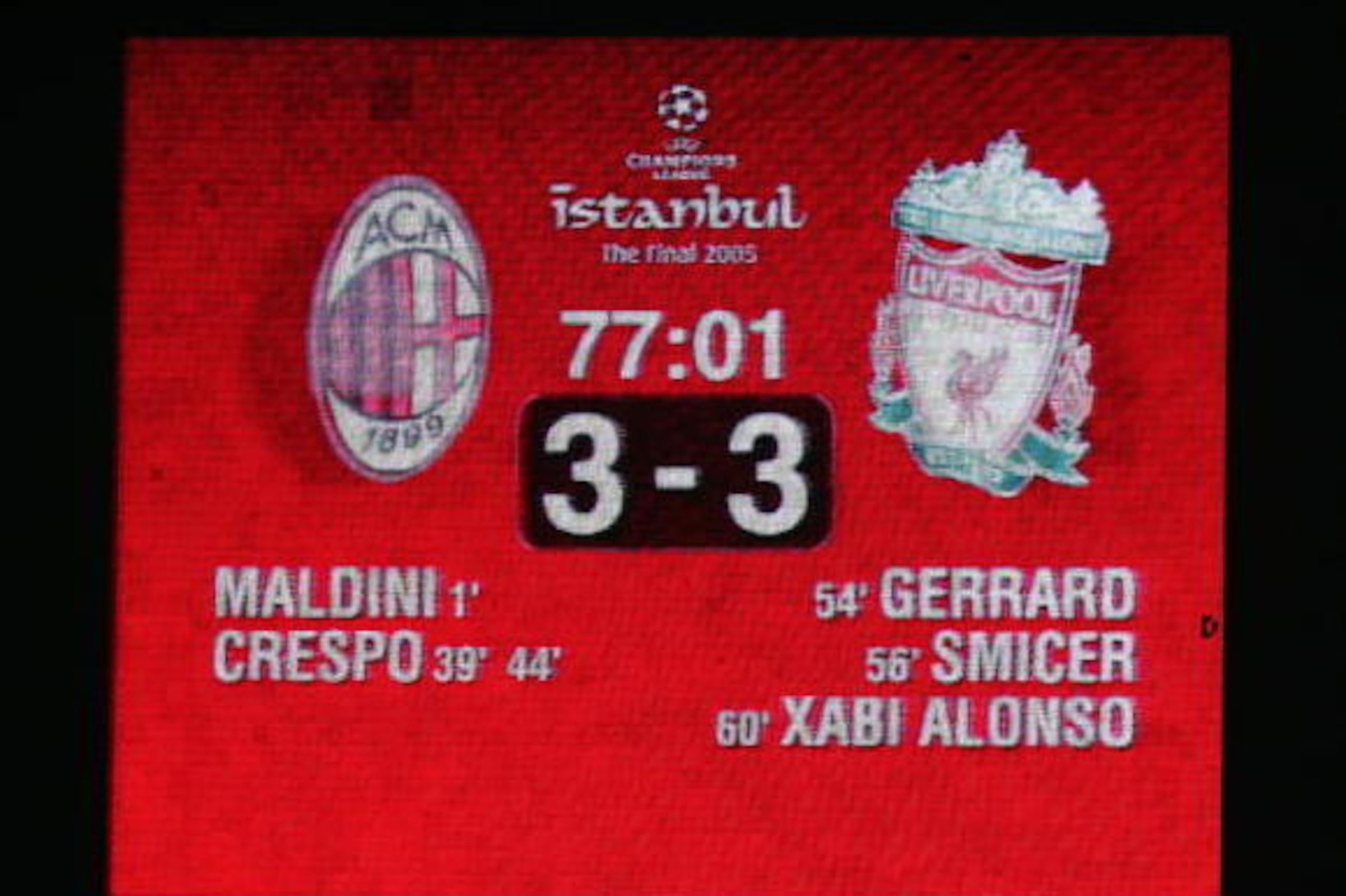 ISTANBUL, TURKEY - MAY 25:  The electronic scoreboard indicates Liverpool's amazing comeback during the European Champions League final between Liverpool and AC Milan on May 25, 2005 at the Ataturk Olympic Stadium in Istanbul, Turkey.   (Photo by Clive Br