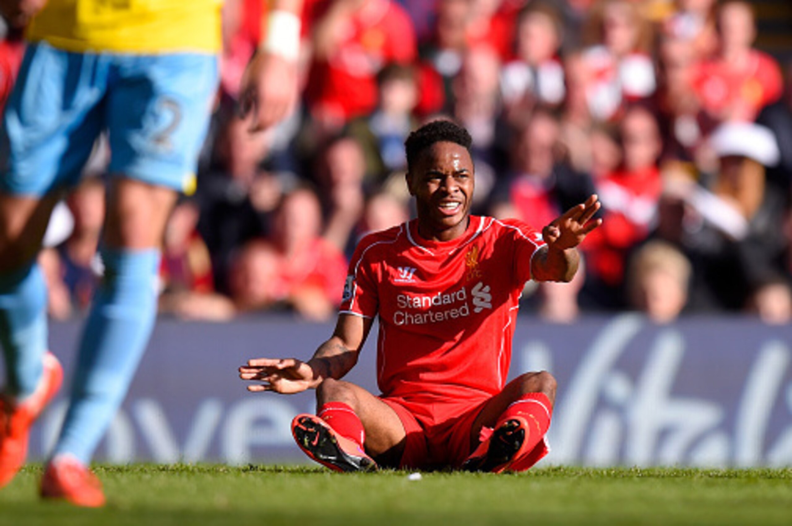 LIVERPOOL, ENGLAND - MAY 16:  Raheem Sterling of Liverpool reacts during the Barclays Premier League match betrween Liverpool and Crystal Palace at Anfield on May 16, 2015 in Liverpool, England.  (Photo by Stu Forster/Getty Images)