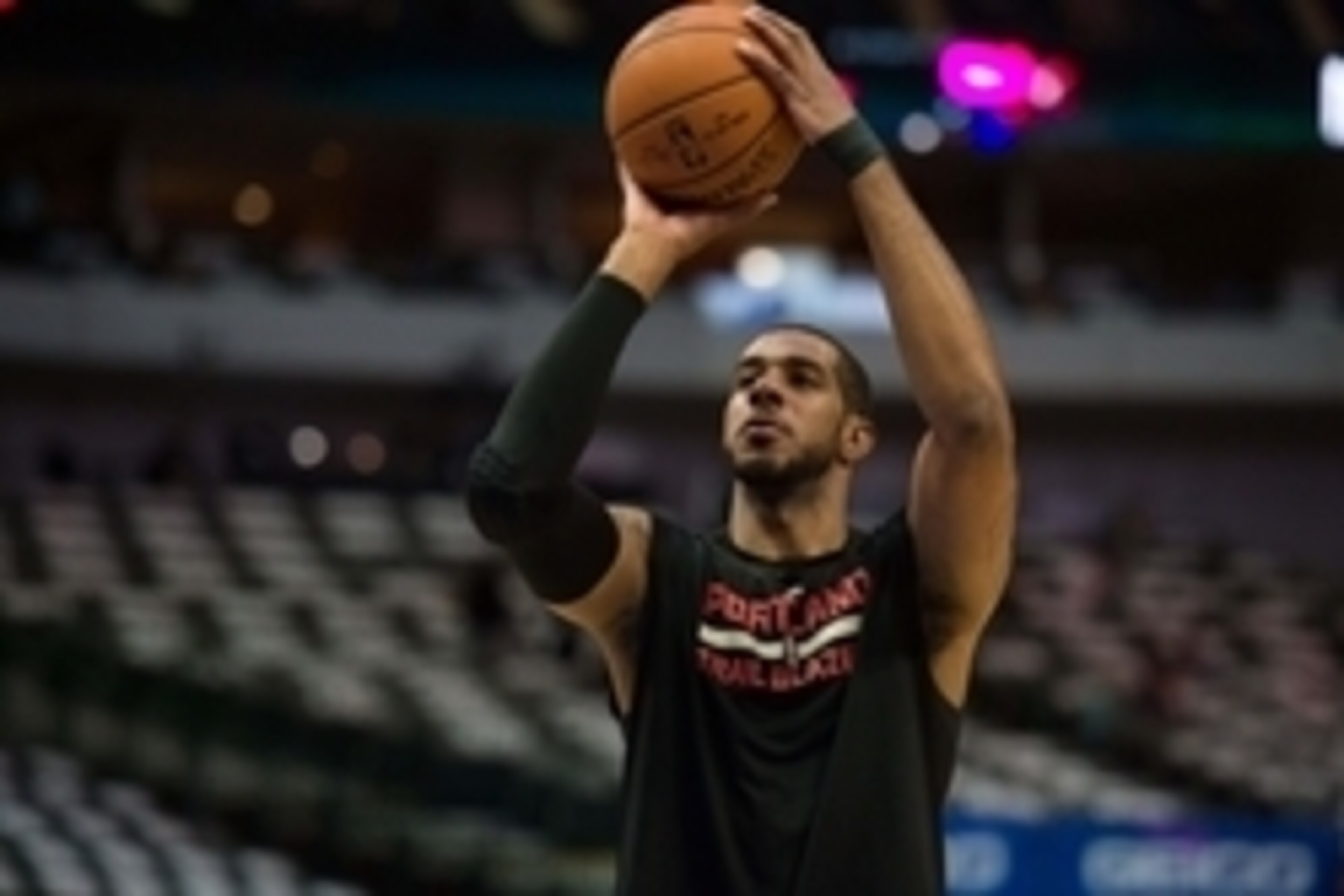 Apr 15, 2015; Dallas, TX, USA; Portland Trail Blazers forward LaMarcus Aldridge (12) warms up prior to the game against the Dallas Mavericks at the American Airlines Center. Mandatory Credit: Jerome Miron-USA TODAY Sports