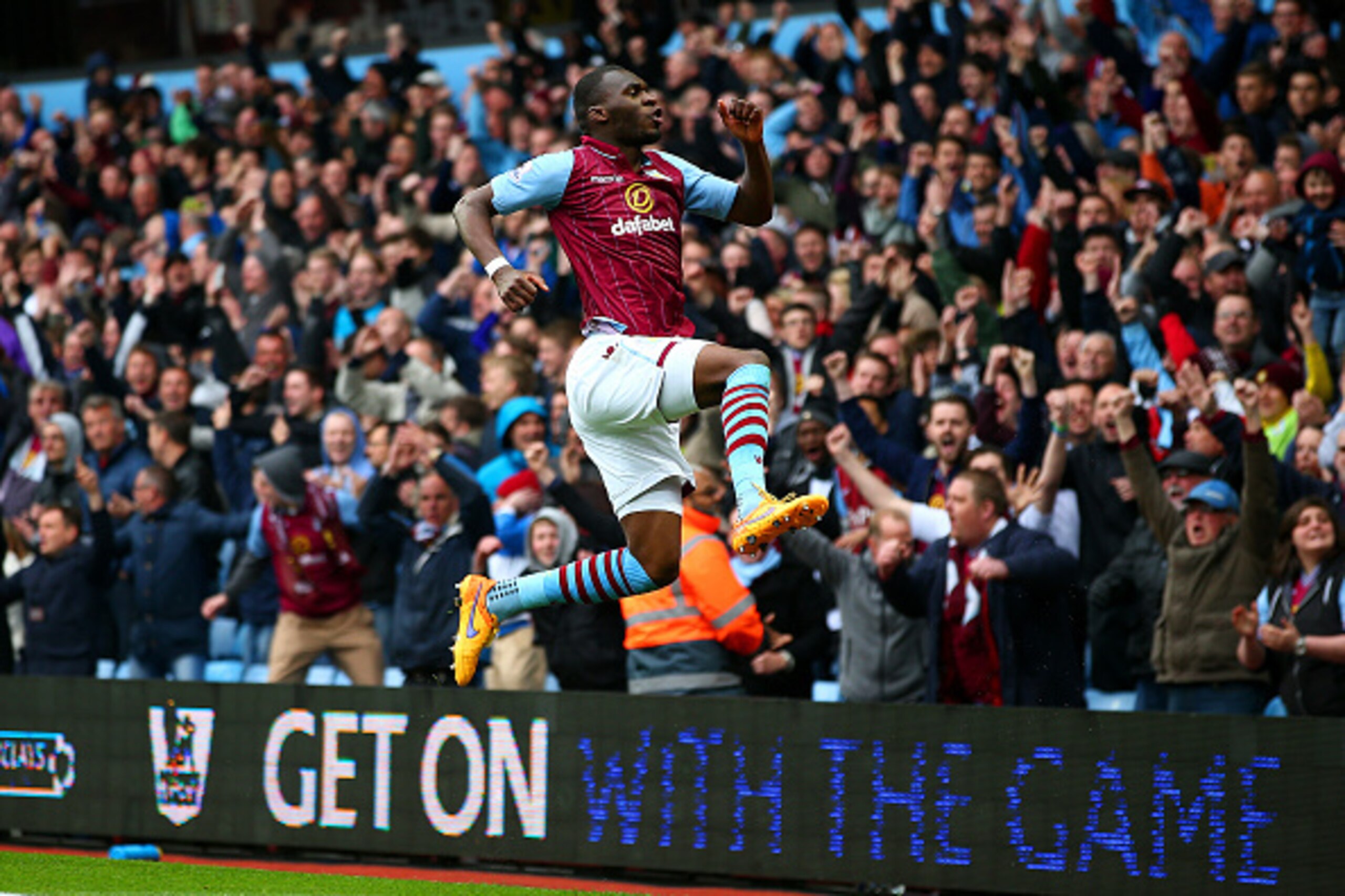 BIRMINGHAM, ENGLAND - MAY 02: Christian Benteke of Aston Villa celebrates scoring his team's second goal during the Barclays Premier League match between Aston Villa and Everton at Villa Park on May 2, 2015 in Birmingham, England. (Photo by Mark Thompso BIRMINGHAM, ENGLAND - MAY 02: Christian Benteke of Aston Villa celebrates scoring his team's second goal during the Barclays Premier League match between Aston Villa and Everton at Villa Park on May 2, 2015 in Birmingham, England. (Photo by Mark Thompso