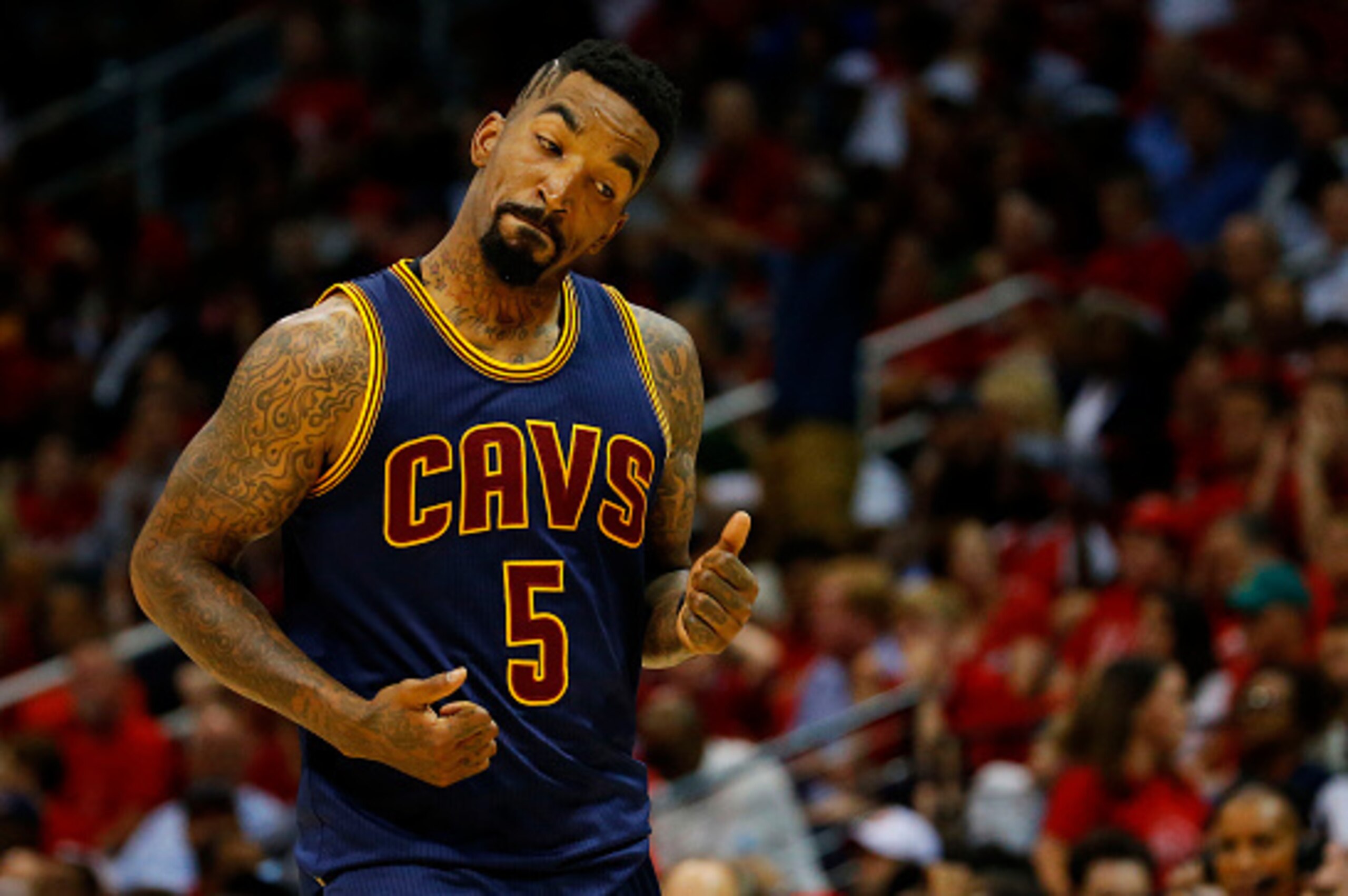 ATLANTA, GA - MAY 20:  J.R. Smith #5 of the Cleveland Cavaliers reacts after hitting a three pointer in the fourth quarter against the Atlanta Hawks during Game One of the Eastern Conference Finals of the 2015 NBA Playoffs at Philips Arena on May 20, 2015