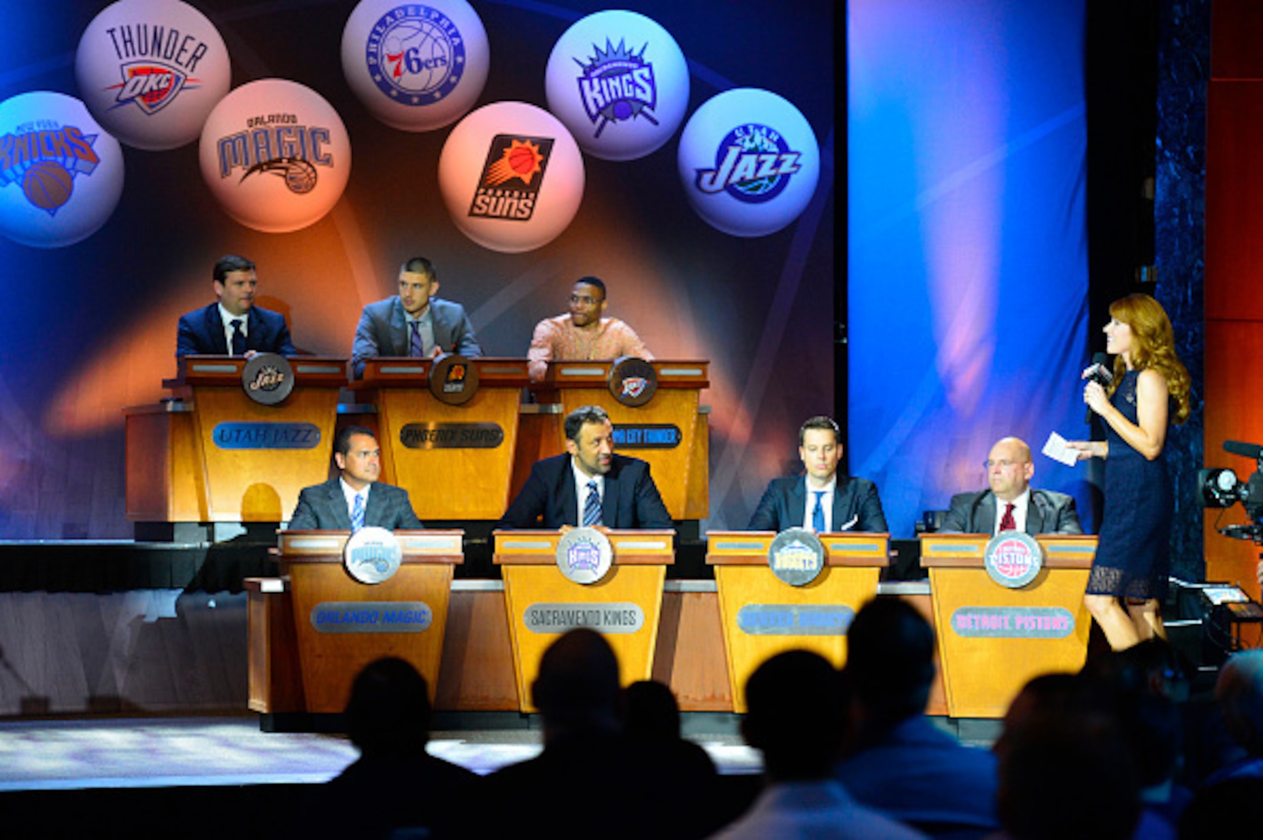 NEW YORK - MAY 19: Alex Martins of the Orlando Magic, Vlade Divac of the Sacramento Kings, Josh Kroenke of the Denver Nuggets and Jeff Bowers of the Detroit Pistons during the 2015 NBA Draft Lottery on May 19, 2015 at the New York Hilton Midtown in New Yo