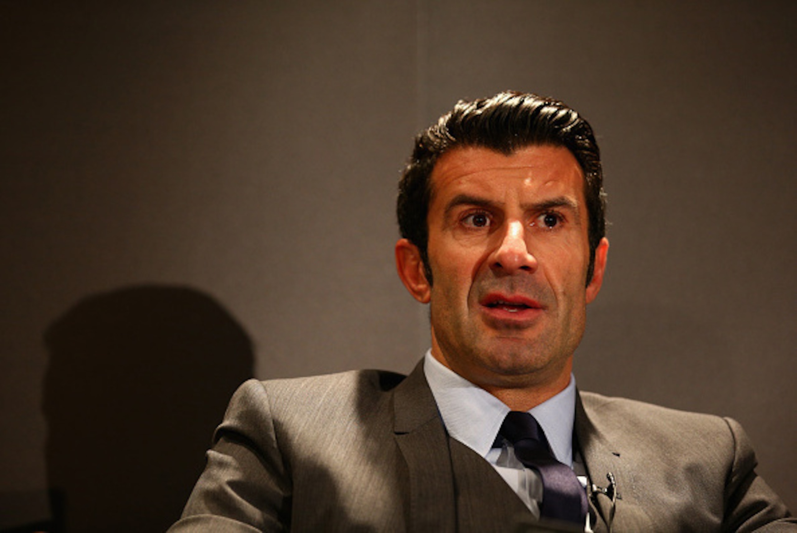 LONDON, ENGLAND - FEBRUARY 19:  Luis Figo talks to the media as he launches his FIFA Presidential Campaign Manifesto at Wembley Stadium on February 19, 2015 in London, England.  (Photo by Paul Gilham/Getty Images)