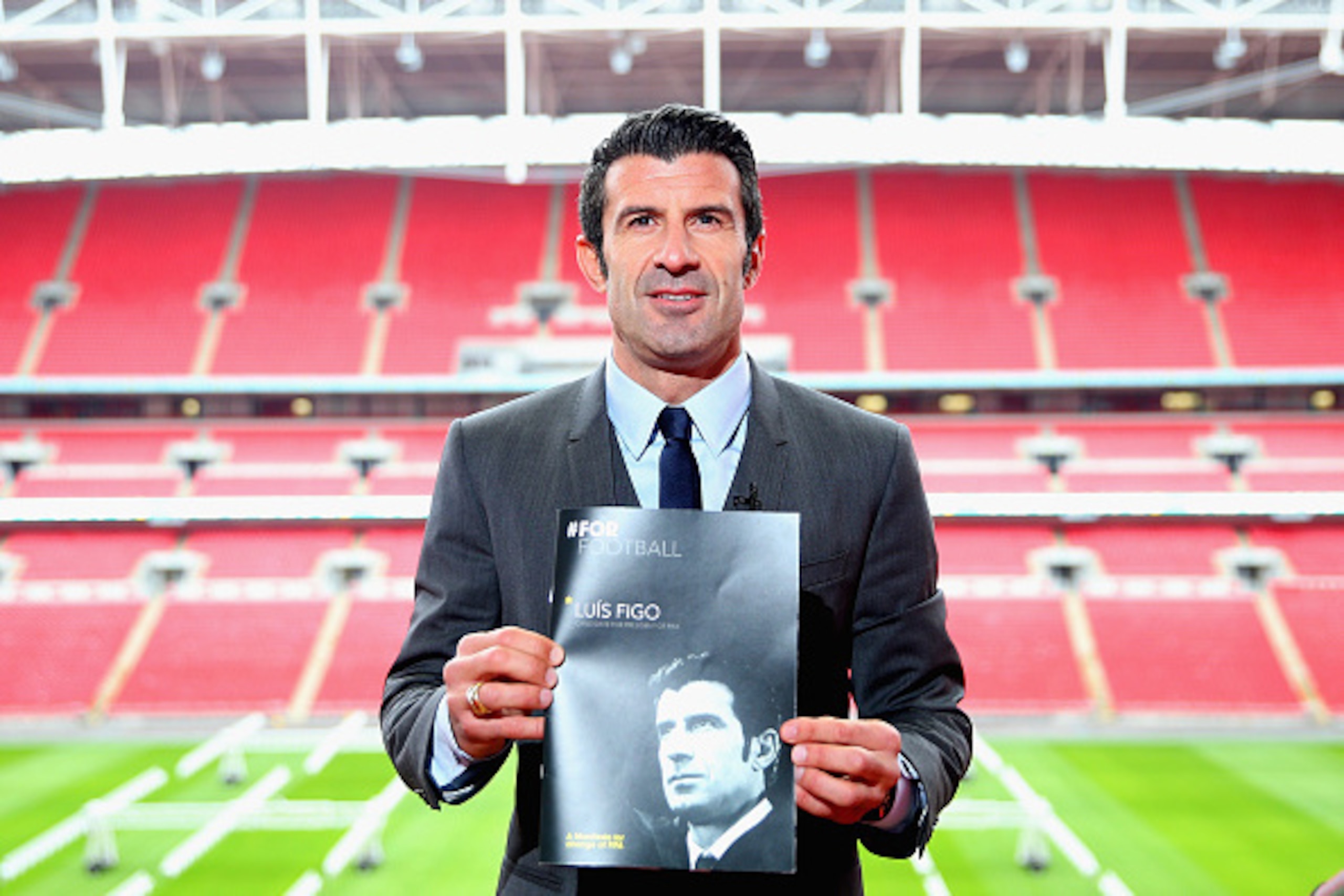 LONDON, ENGLAND - FEBRUARY 19:  Luis Figo poses after talking to the media as he launches his FIFA Presidential Campaign Manifesto at Wembley Stadium on February 19, 2015 in London, England.  (Photo by Paul Gilham/Getty Images)
