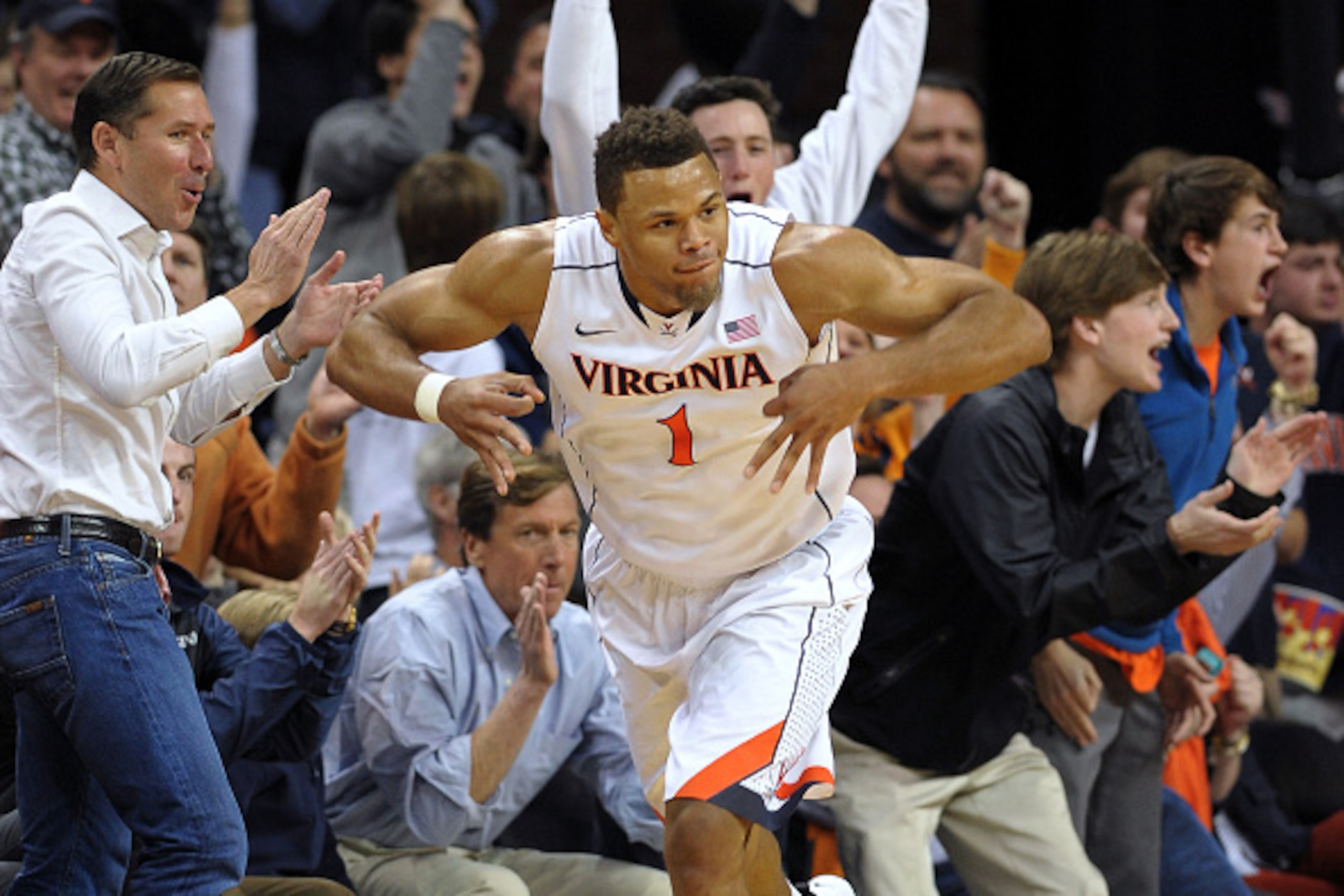 CHARLOTTESVILLE, VA - JANUARY 31: Justin Anderson #1 of the Virginia Cavaliers reacts following a shot against the Duke Blue Devils at John Paul Jones Arena on January 31, 2015 in Charlottesville, Virginia. (Photo by Lance King/Getty Images) CHARLOTTESVILLE, VA - JANUARY 31: Justin Anderson #1 of the Virginia Cavaliers reacts following a shot against the Duke Blue Devils at John Paul Jones Arena on January 31, 2015 in Charlottesville, Virginia. (Photo by Lance King/Getty Images)