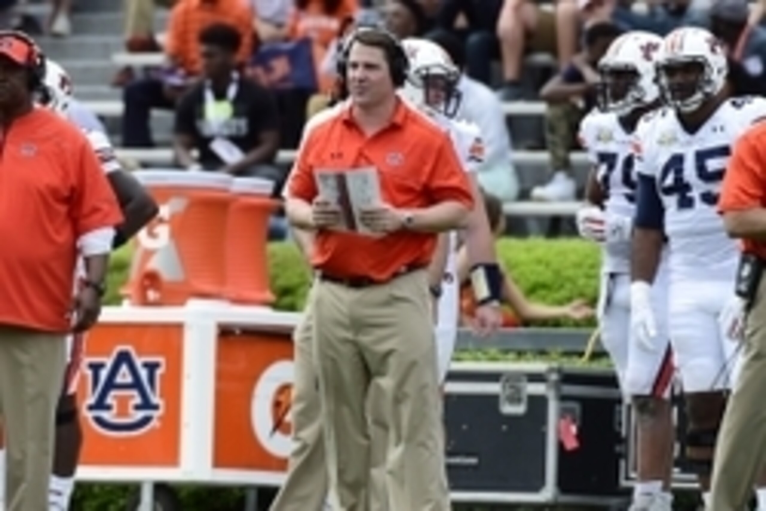 Apr 18, 2015; Auburn, AL, USA; Auburn Tigers defensive coordinator Will Muschamp looks on during the spring game at Jordan-Hare Stadium. Mandatory Credit: Shanna Lockwood-USA TODAY Sports
